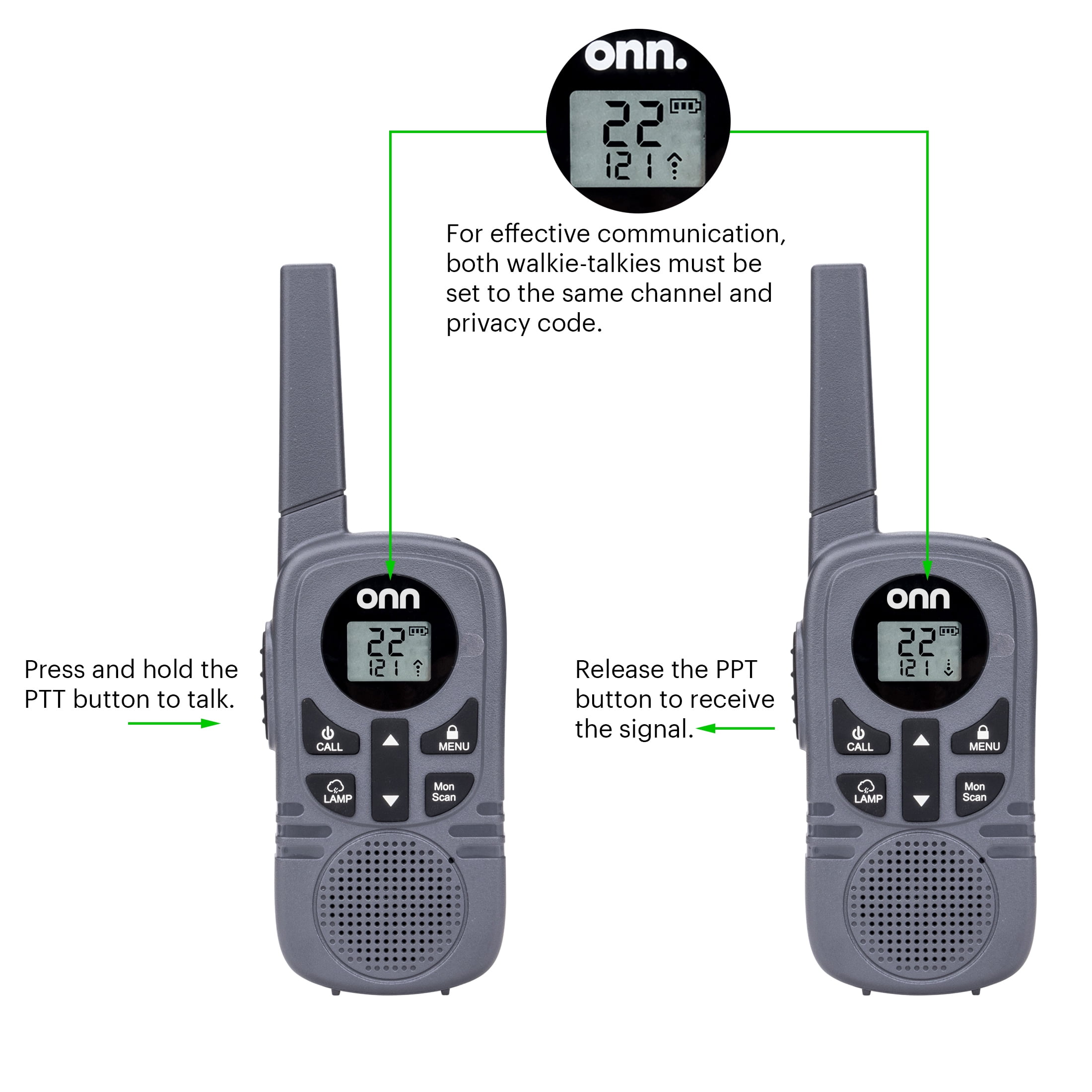 onn 23 Mile Range Walkie Talkies with Two Way Radios, LED Light and 22 FRS Channel Options, 3 Count - Image 8