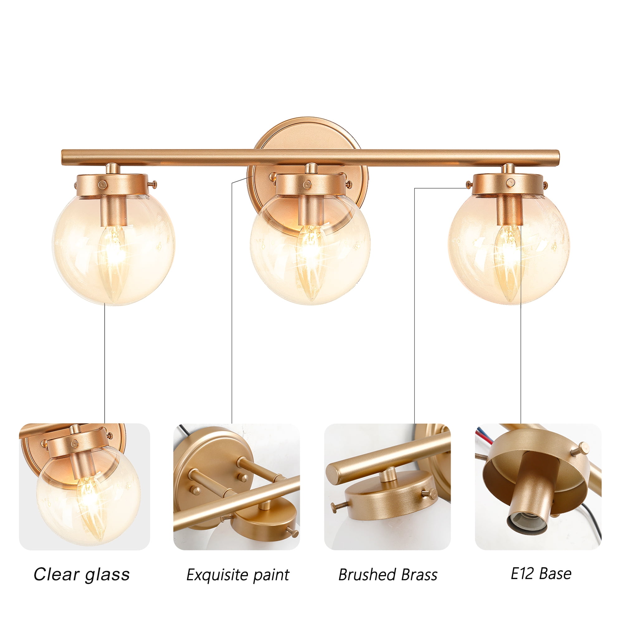 Uznhty 3 Light Gold Vanity Light with Globe Glass Modern Bathroom Wall Sconces E12 Bulb - Image 7