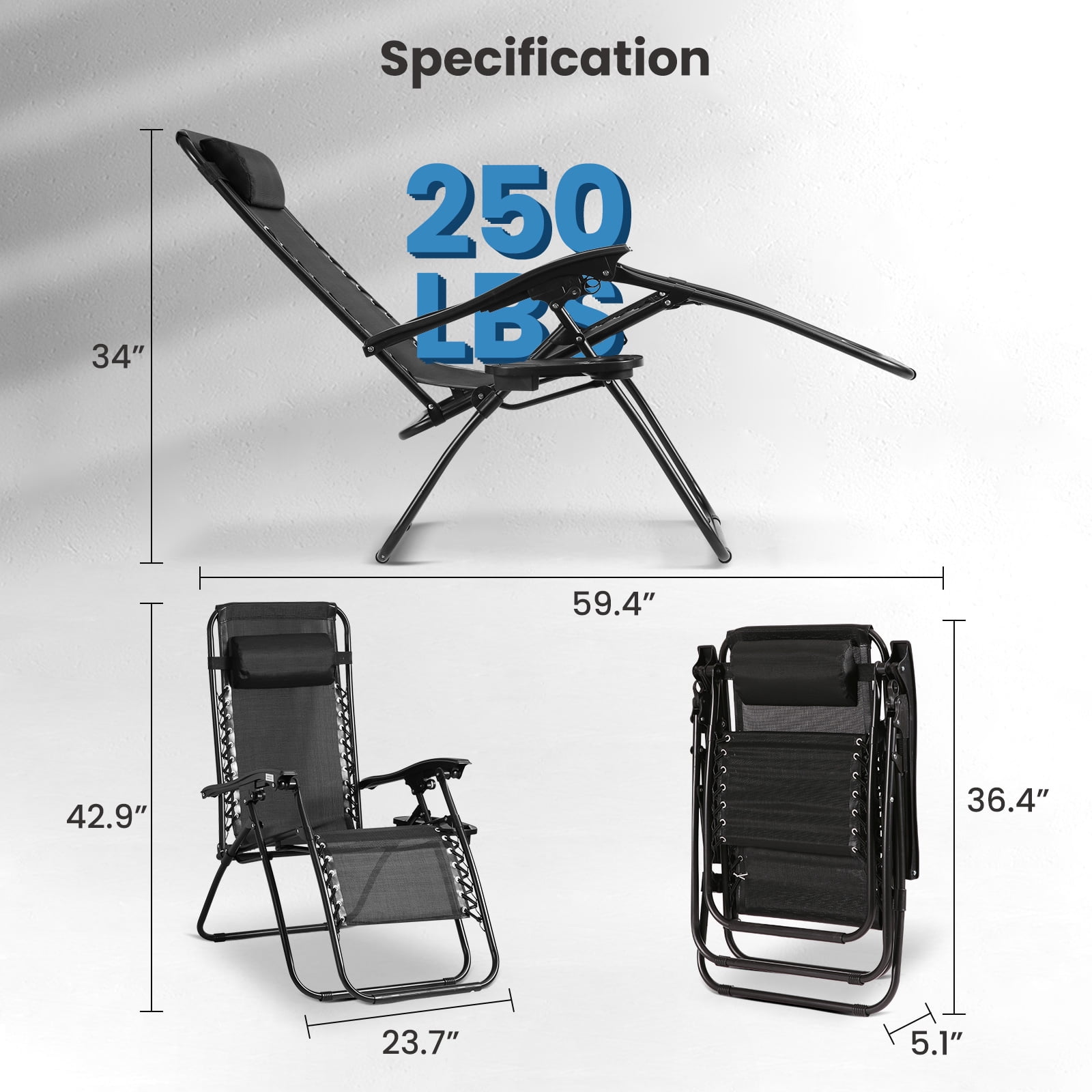 Maxkare Set of 2 Zero Gravity Chair Antigravity, Outdoor Folding Recliner with Adjustable Pillows and Cup Holder Trays for Tanning, 250 lbs Weight Capacity, Black - Image 5