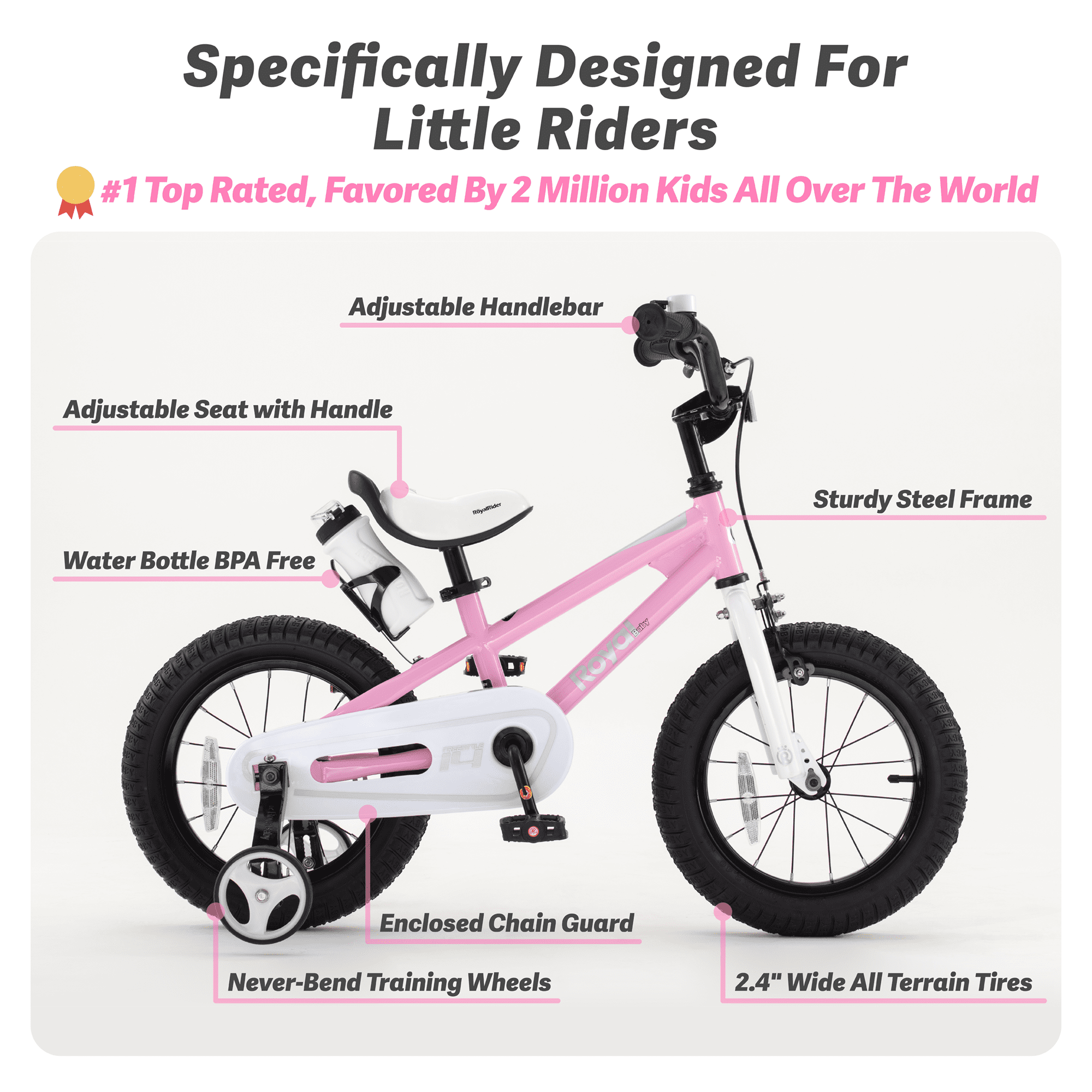 Royalbaby Boys Girls Kids Bike 14 In BMX Freestyle Pink 2 Hand Brakes Bicycles with Training Wheels Child Bicycle - Image 7
