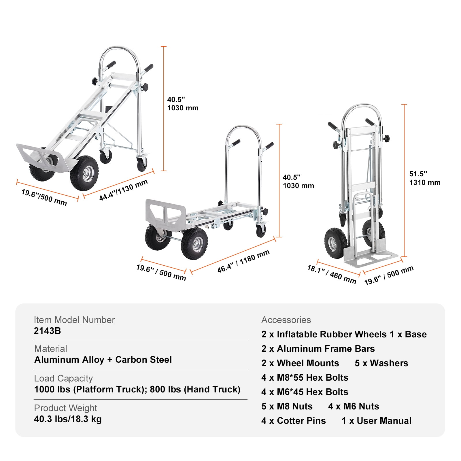 VEVOR Aluminum Hand Truck 4 in 1 Folding Dolly Cart 1000 lbs Capacity Heavy Duty - Image 3