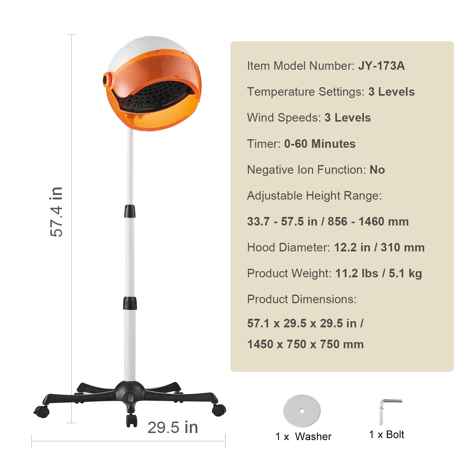 KFFKFF Professional Hair Dryer, 1875W Robust Pedestal Dryer, Customizable Timer & 3 Temperature/Velocity Settings, Portable Stand with Rollers for Personal & Salon Applications - Image 5