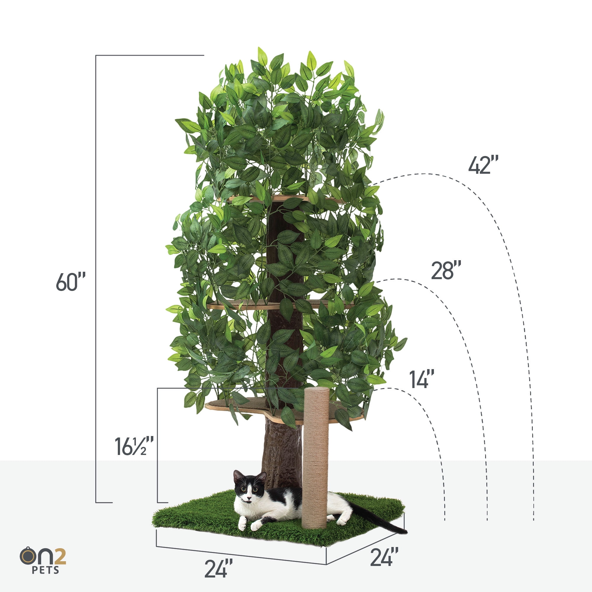 On2Pets Cat Tree with Leaves, Cat House & Cat Activity Tree, Multi-Level Cat Condo for Indoor Cats, Square Base with Scratching Post - Image 4