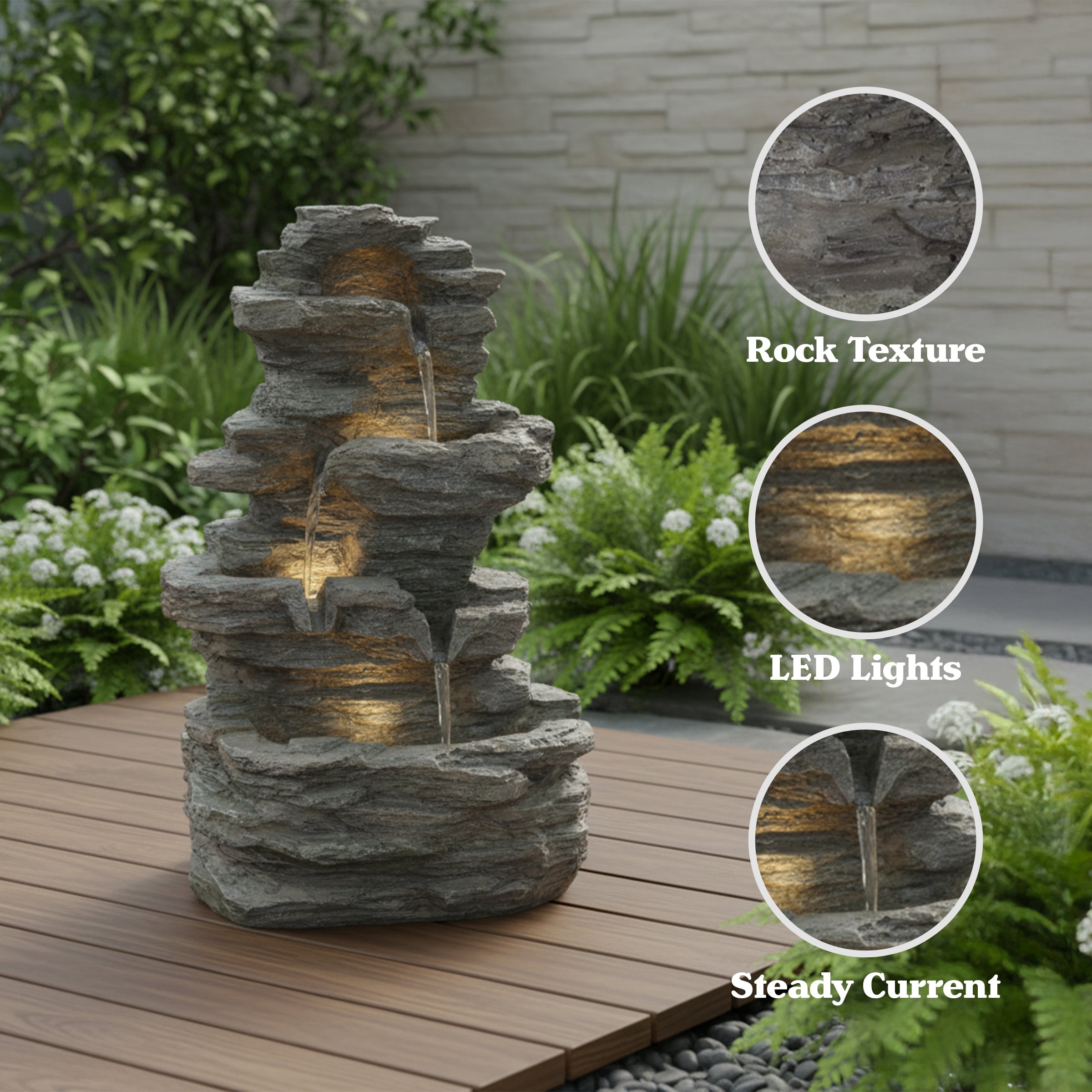 Pure Garden Indoor Electric Tabletop Waterfall Fountain with LED Lights - Resin 4-Tiered Stones, Grey - Image 4