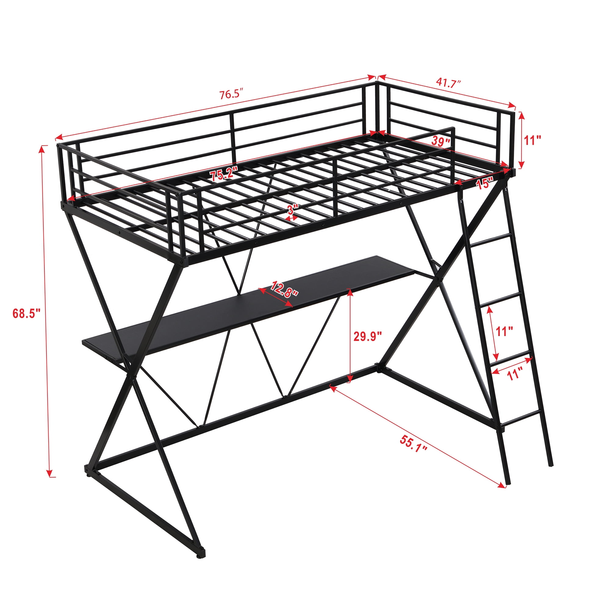 EUROCO Steel Twin Loft Bed with Desk and Ladder, X-Shaped Frame for Kids Teens, Black - Image 4