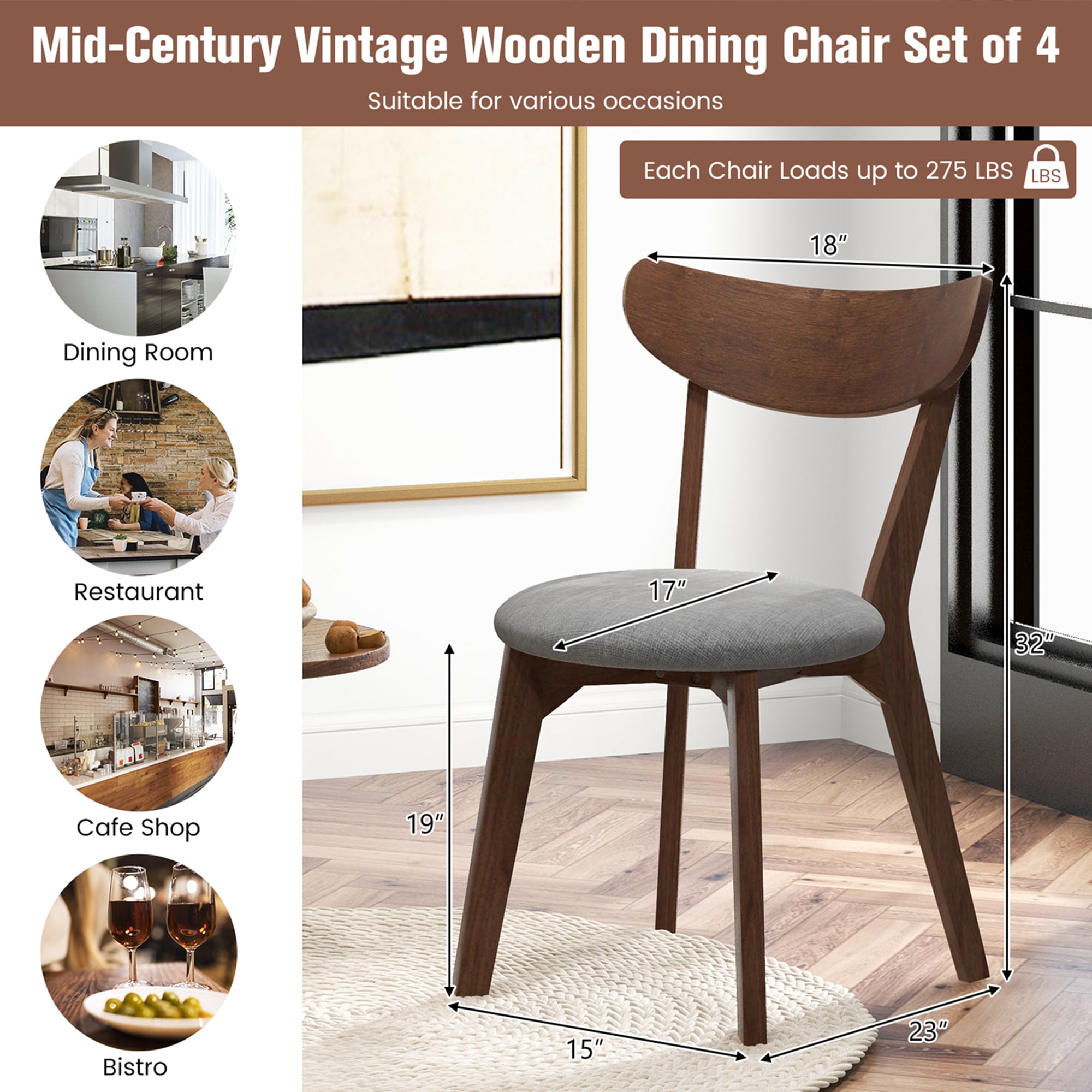 Costway Set of 2 Dining Chair Upholstered Curved Back Side Chair with Solid Wooden Legs - Image 2
