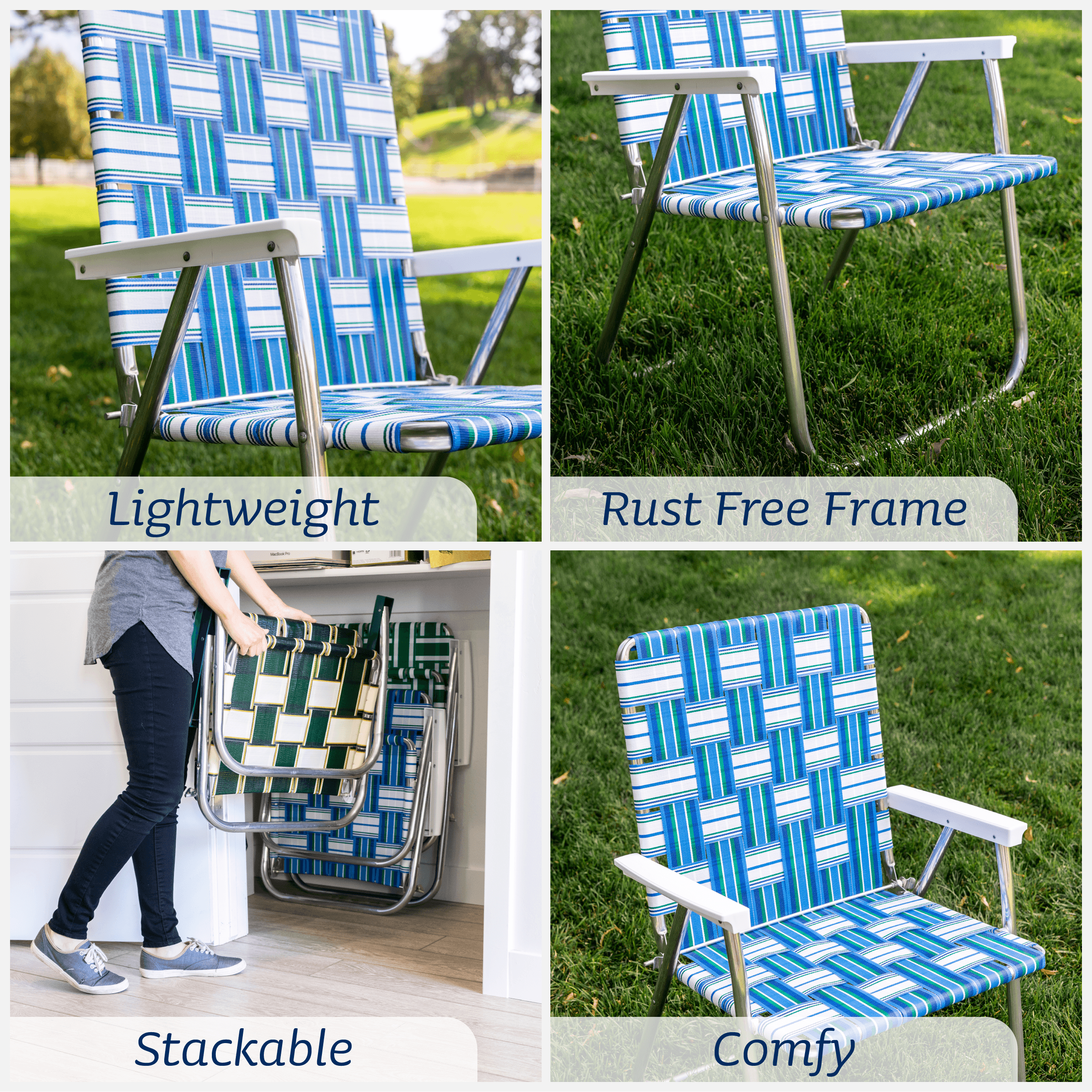 Lawn Chair USA - Classic Folding Aluminum Webbed Chair - Durable, Portable, and Comfortable Outdoor Chair - Ideal for Camping, Sports, and Concerts - Charleston With Green Arms - Image 4