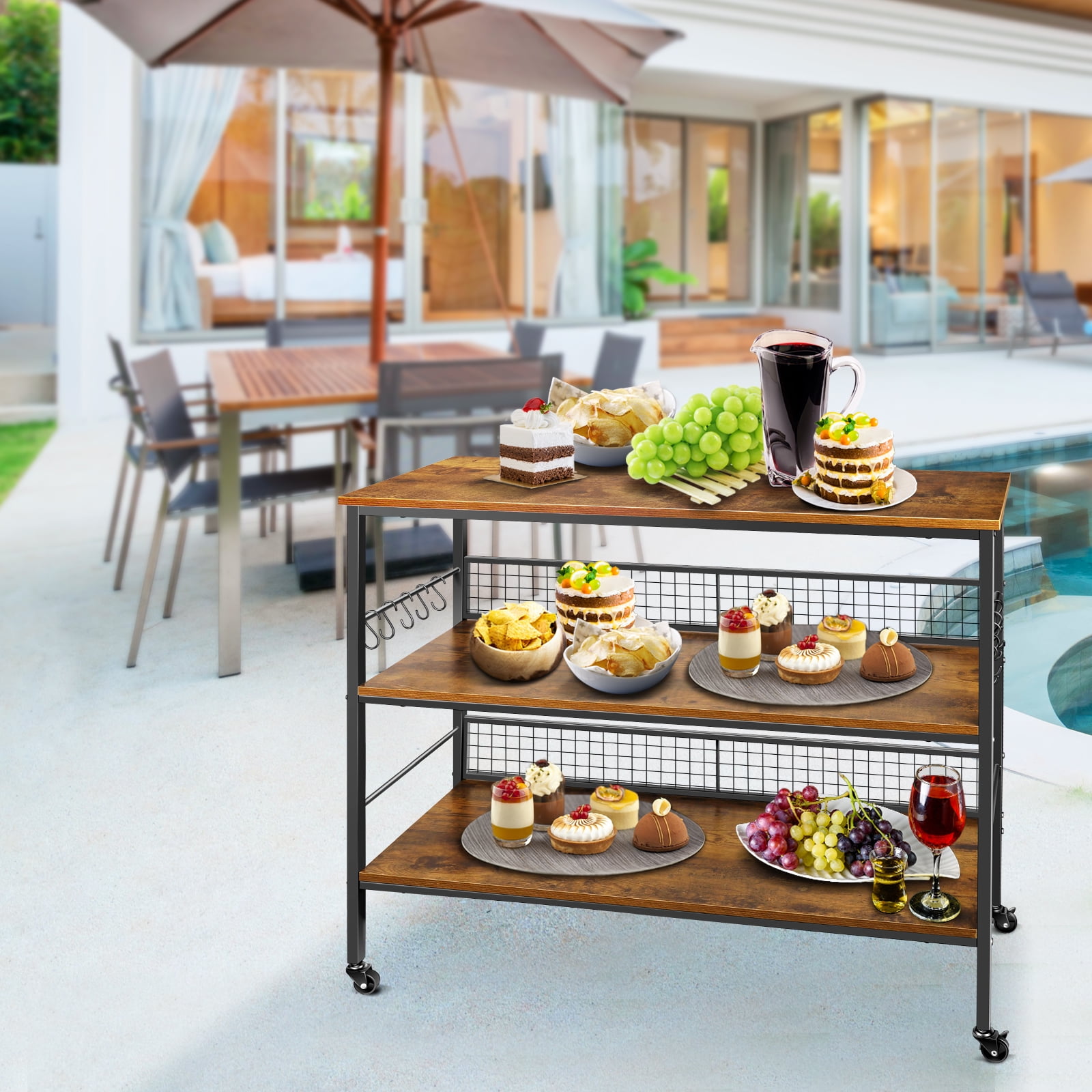 Behost 3-Tier Rolling Cart Microwave Stand with 10 Hooks, Coffee Bar Kitchen Storage Rack Organizer, Rustic Brown - Image 5