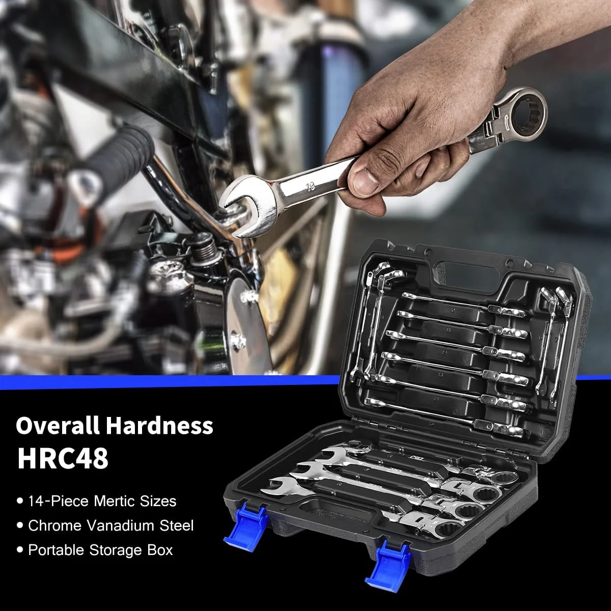 PRO 14-Piece Flex-Head Ratcheting Wrench Set, 6-19cm Metric Chrome Vanadium Steel Ratchet Wrenches, Combination Ended Spanner Kit with Storage Case - Image 7