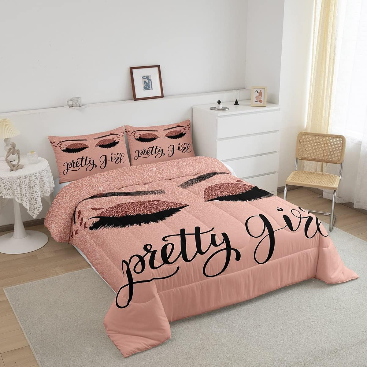Eyelash Bedding Set Full Size,Stylish Pink Sparkles Comforter Set for Teens Adult,Eyelash Aesthetic Duvet Insert,(No Glitter No Sequin) Modern Quilt Comforter with 2 Pillow Shams Warm - Image 4