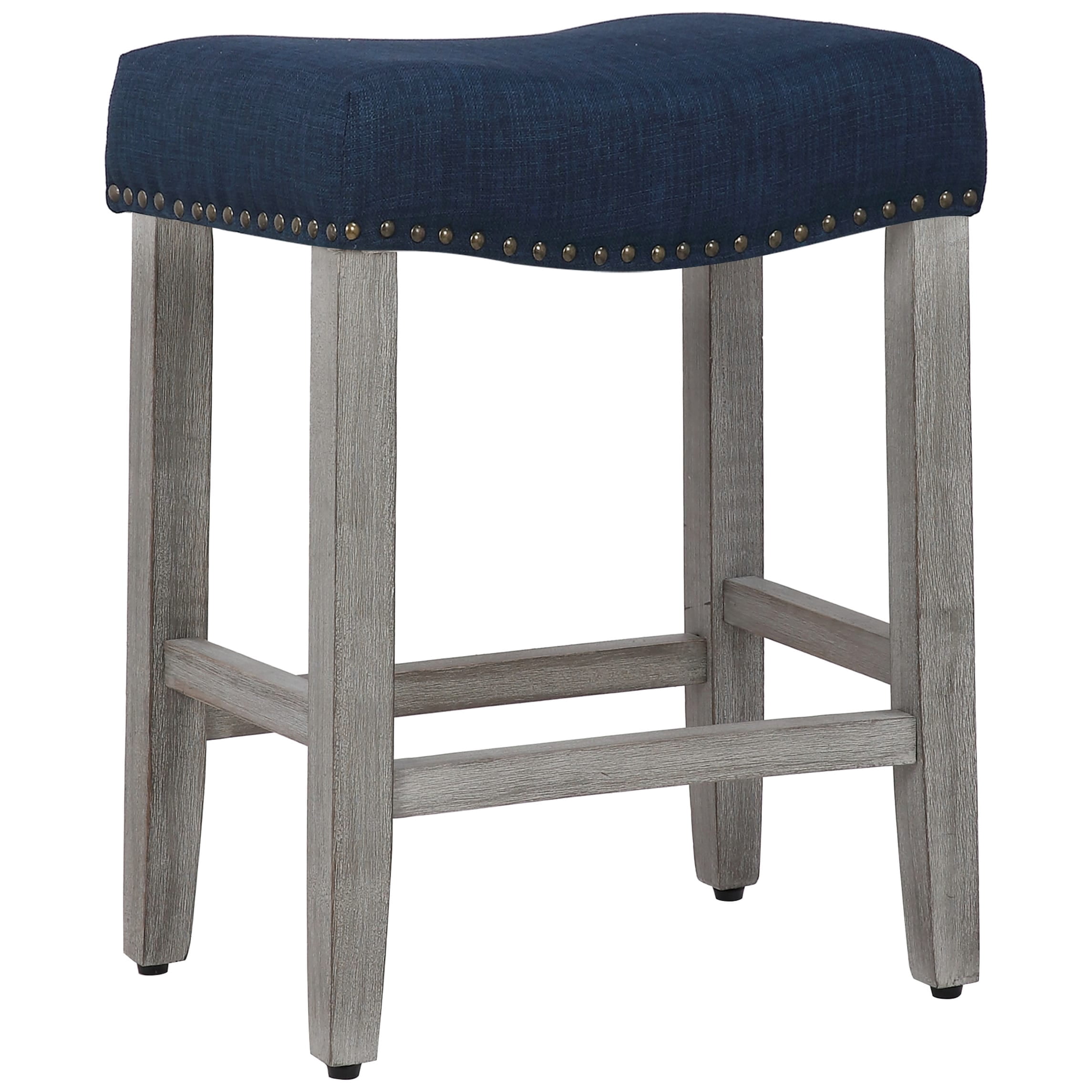 24" Inch Upholstered Saddle Seat Bar Stool, Antique Gray/Navy Blue - Image 5