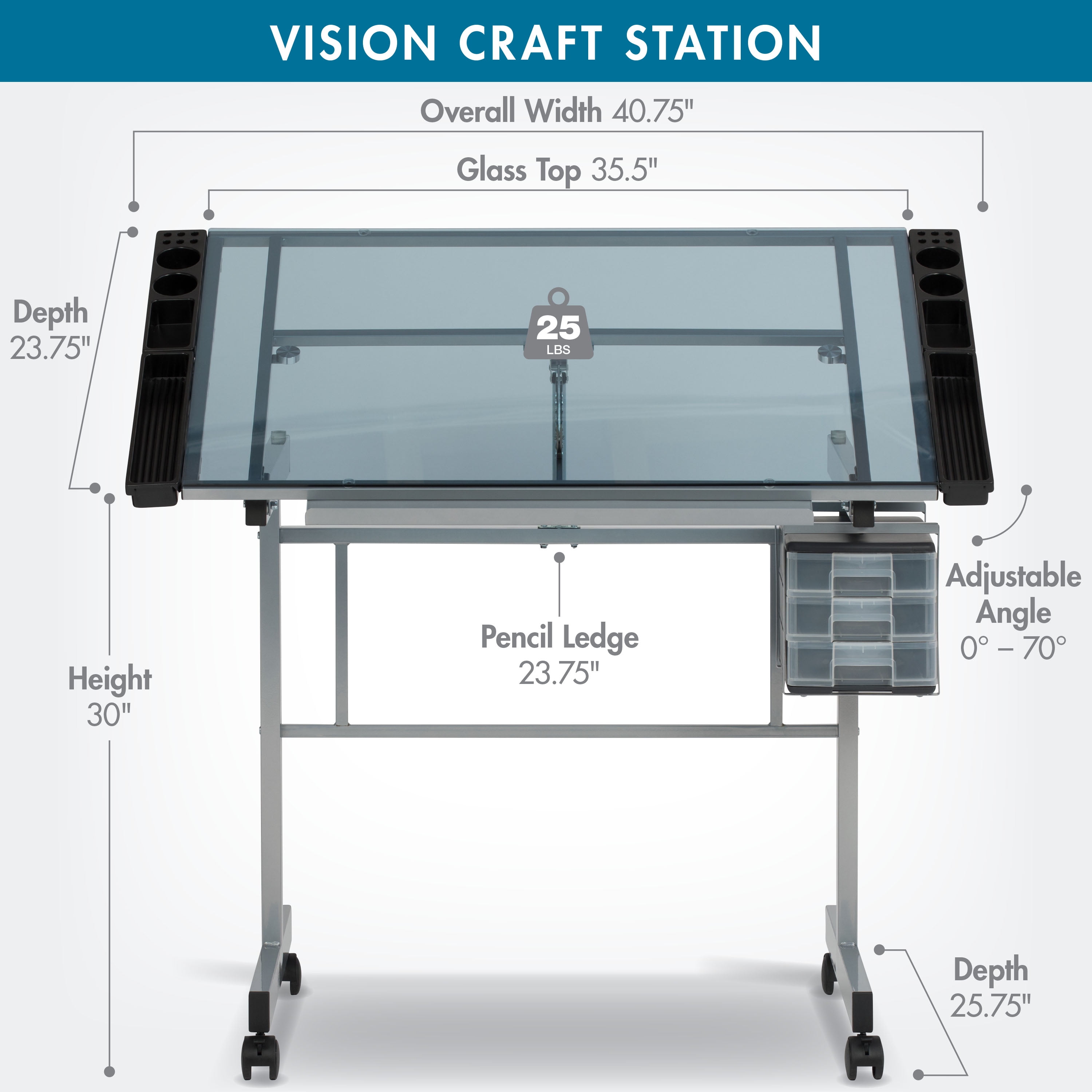 Studio Designs Vision Craft Station Tempered Glass Adjustable Top, Rolling Drafting Table, Silver Blue - Image 2