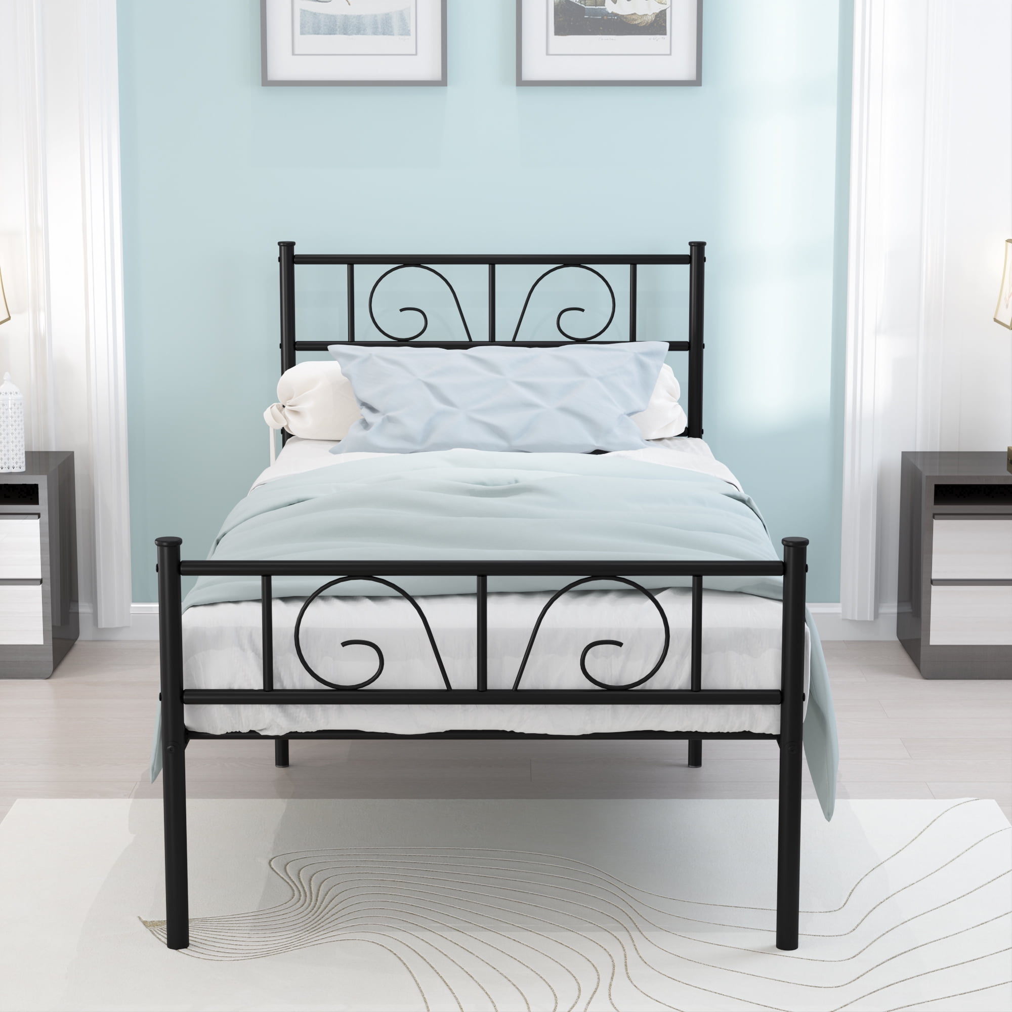 Yoneston Platform Metal Bed Frame Foundation Headboard Bedroom Furniture Twin Size - Black - Image 5