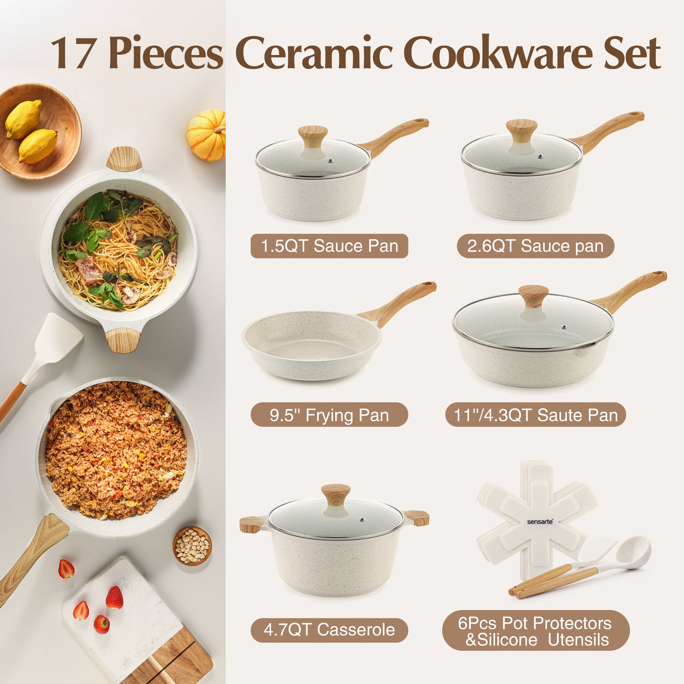SENSARTE Ceramic Nonstick Pots and Pans Set, 17Pcs Healthy Non Stick Cookware Set with Pots Protectors, Induction Kitchen Cookware Sets White - Image 10