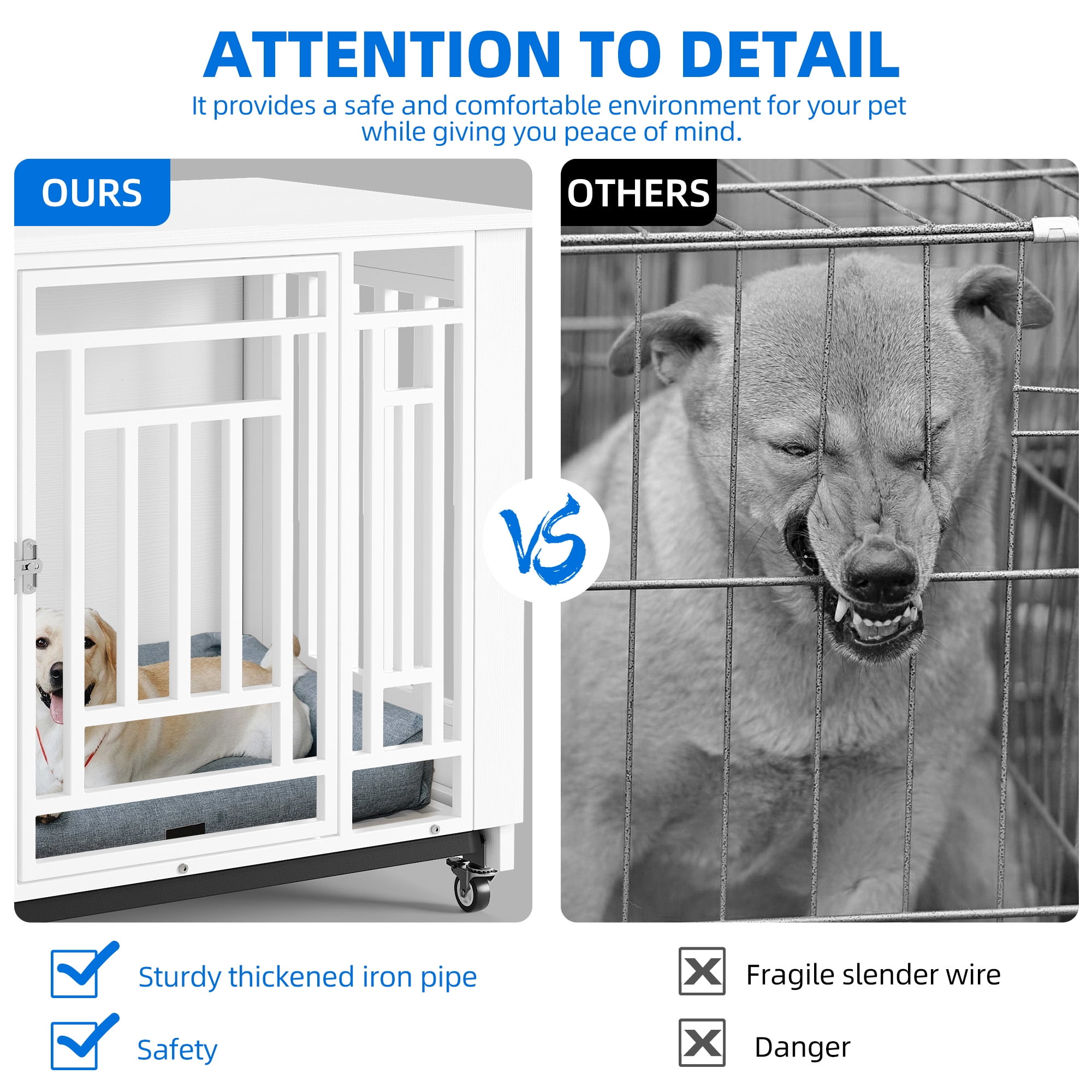 Dextrus Medium Dog Crate with Lockable Door, 38" Heavy Duty Metal Dog Crate and Kennel with Removable Tray and Wheels for Small Medium Large Dogs, White - Image 7