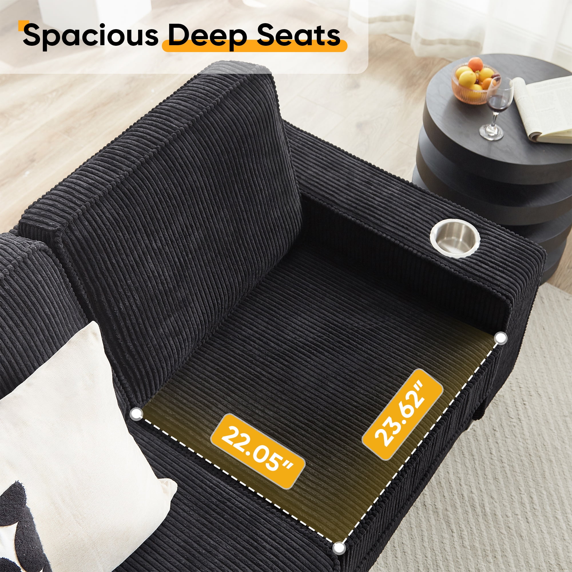 Lunale 83.9" Corduroy Sofa with Cup Holders, Modern 3-Seater Couch for Living Room, Black - Image 10