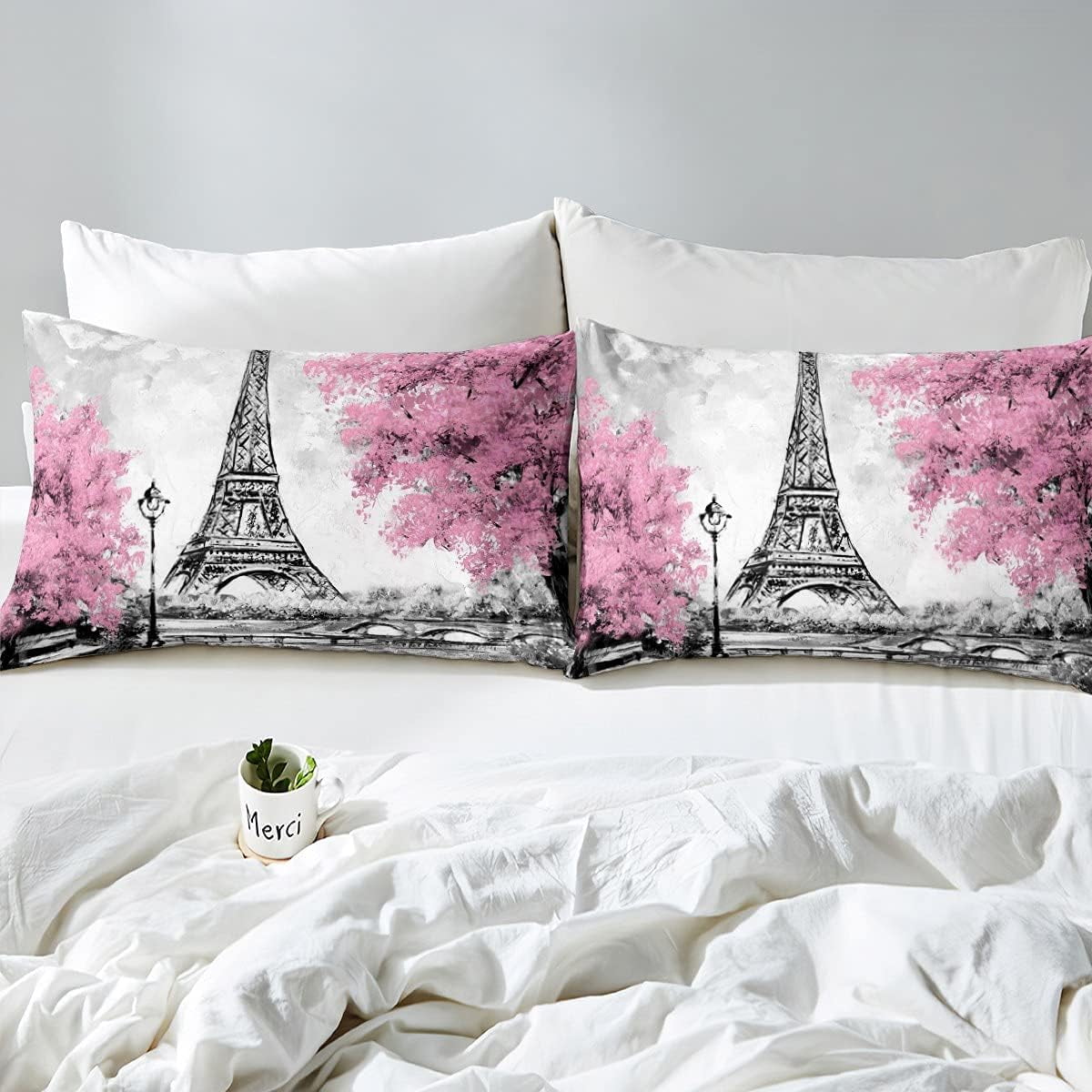 Paris Bedroom Comforter Set Twin,Eiffel Tower Bedding Sets For Teen Women Retro Romantic Pink and Grey Couple Valentine Bed Comforter Set Black Gray Room Decor 1 Comforter + 1 Pillow Case - Image 3