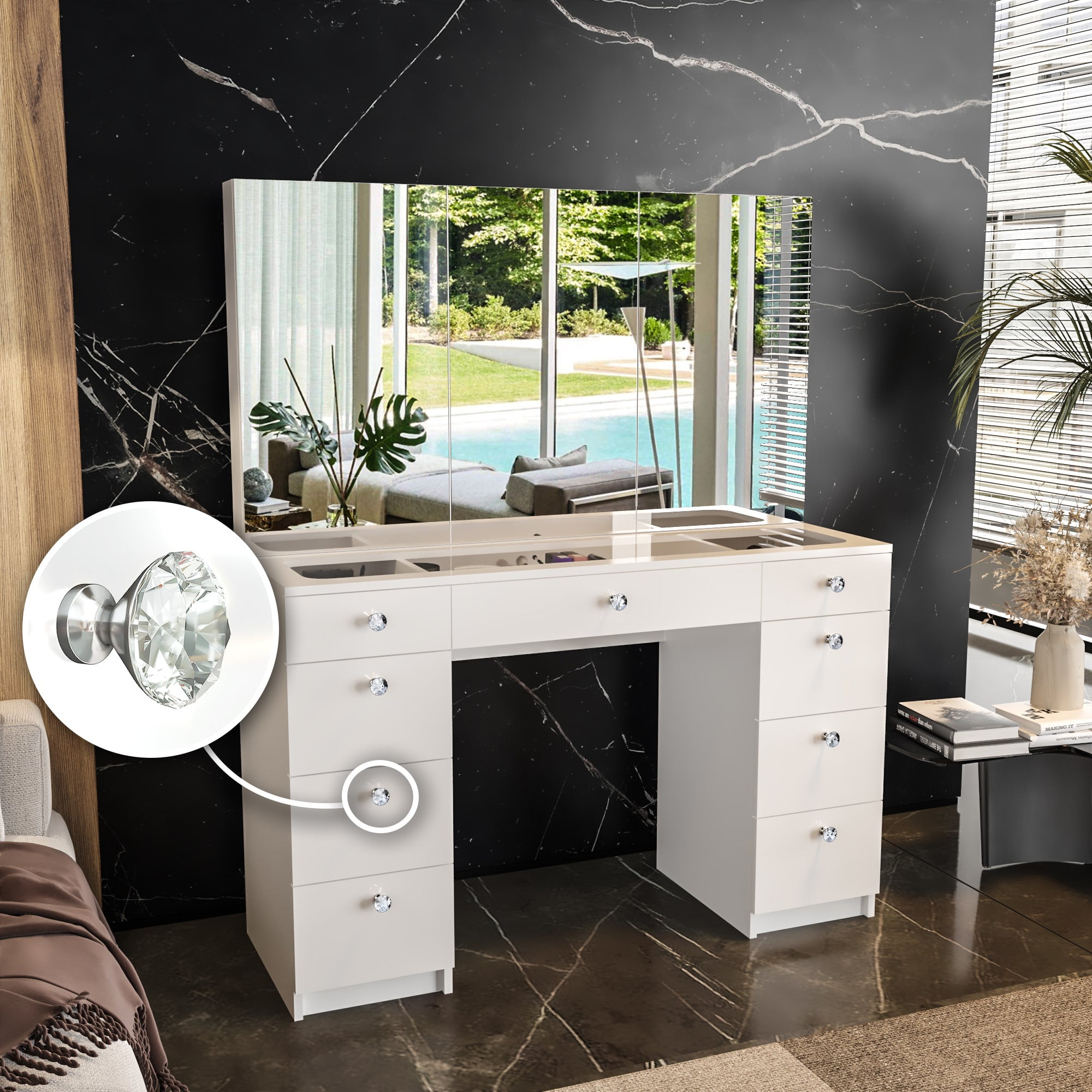 Ember Interiors Modern Vanity Table, 9 Drawers Cabinet Mirrors Crystal Knobs White for Bedroom - Image 2