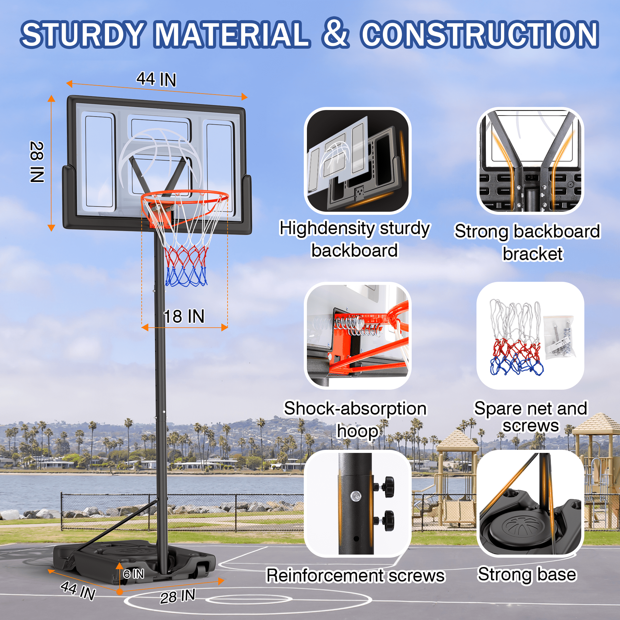 4.4-10ft Portable Basketball Hoop 44" Height Adjustable Basketball Goal System with PC Backboard Material Outdoor,Gray - Image 9
