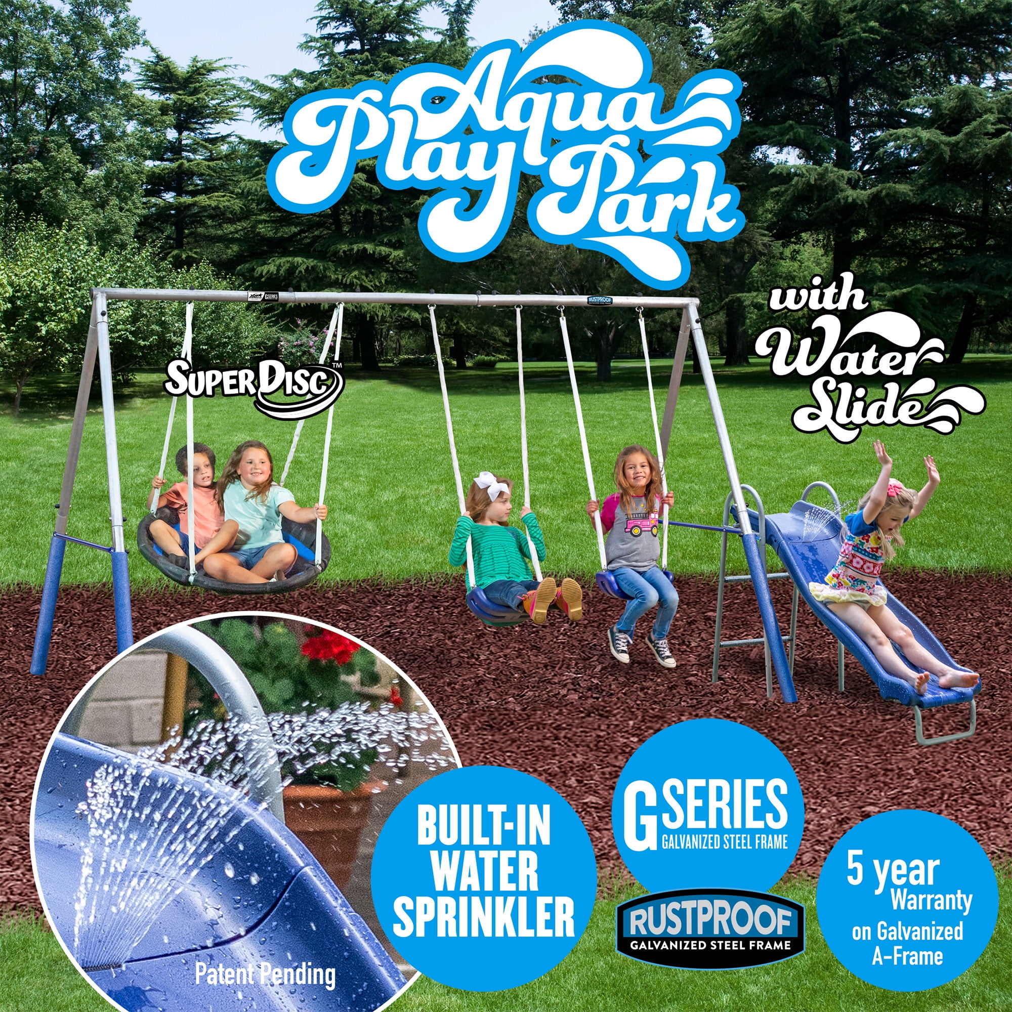 XDP Recreation Aqua Play Park Swing Set and Water Slide with Tarp, 2 Swings, and a Disc Swing - Image 2