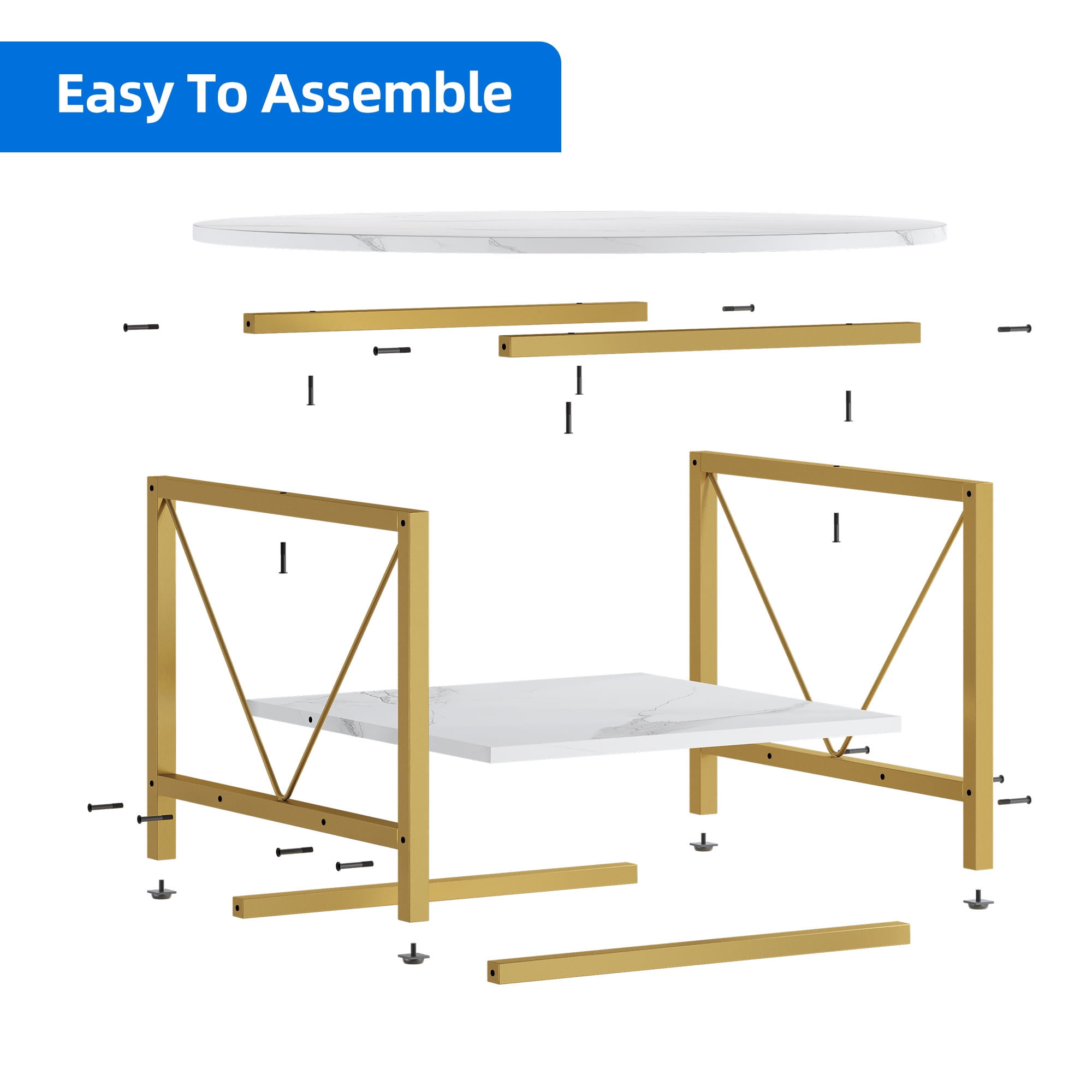 Dextrus Round Coffee Table with Storage, Rustic Living Room Tables with Sturdy Metal Legs, Marble White and Gold - Image 3