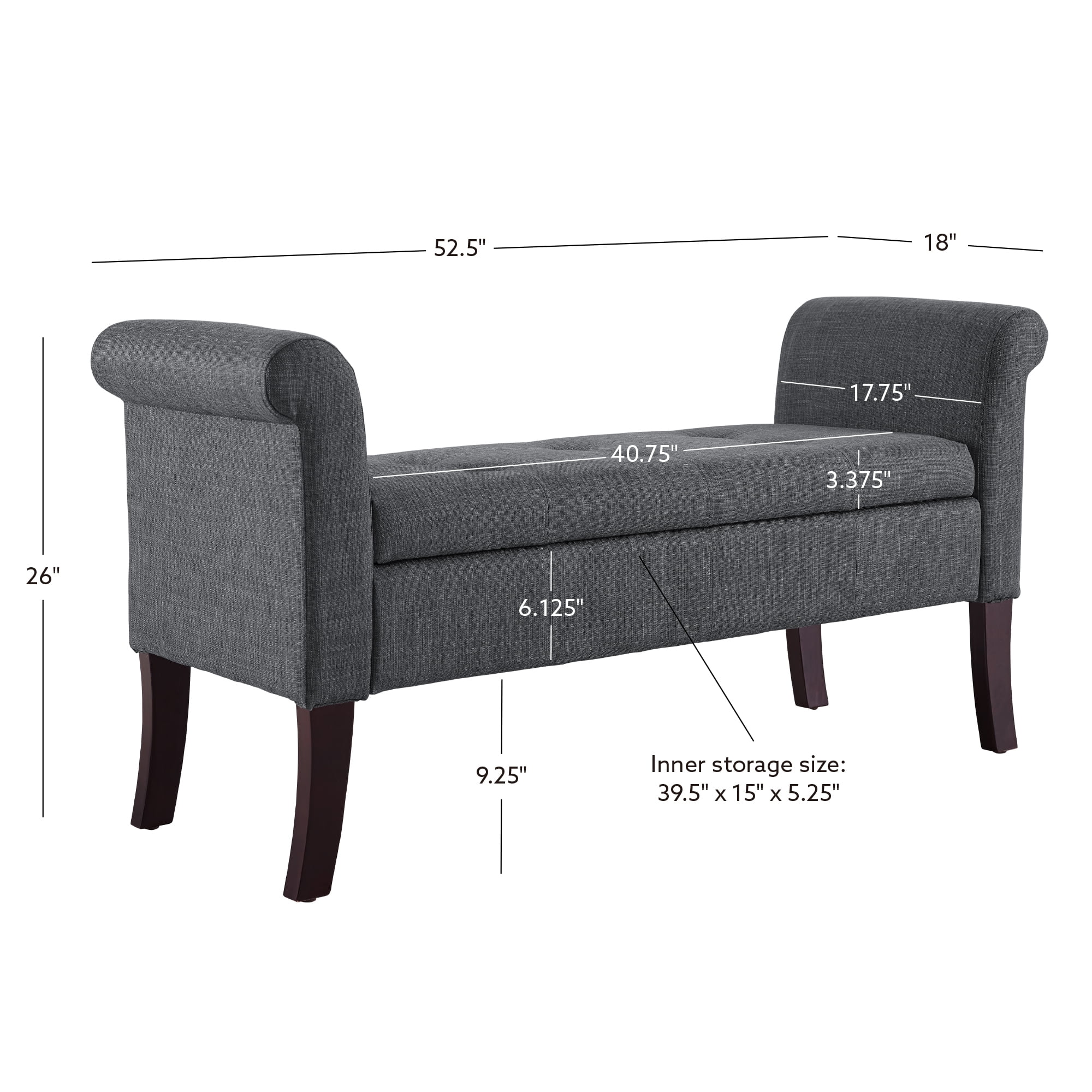 Linon Milclay Tufted Storage Bench with Rolled Arms, Dark Espresso/Charcoal - Image 5