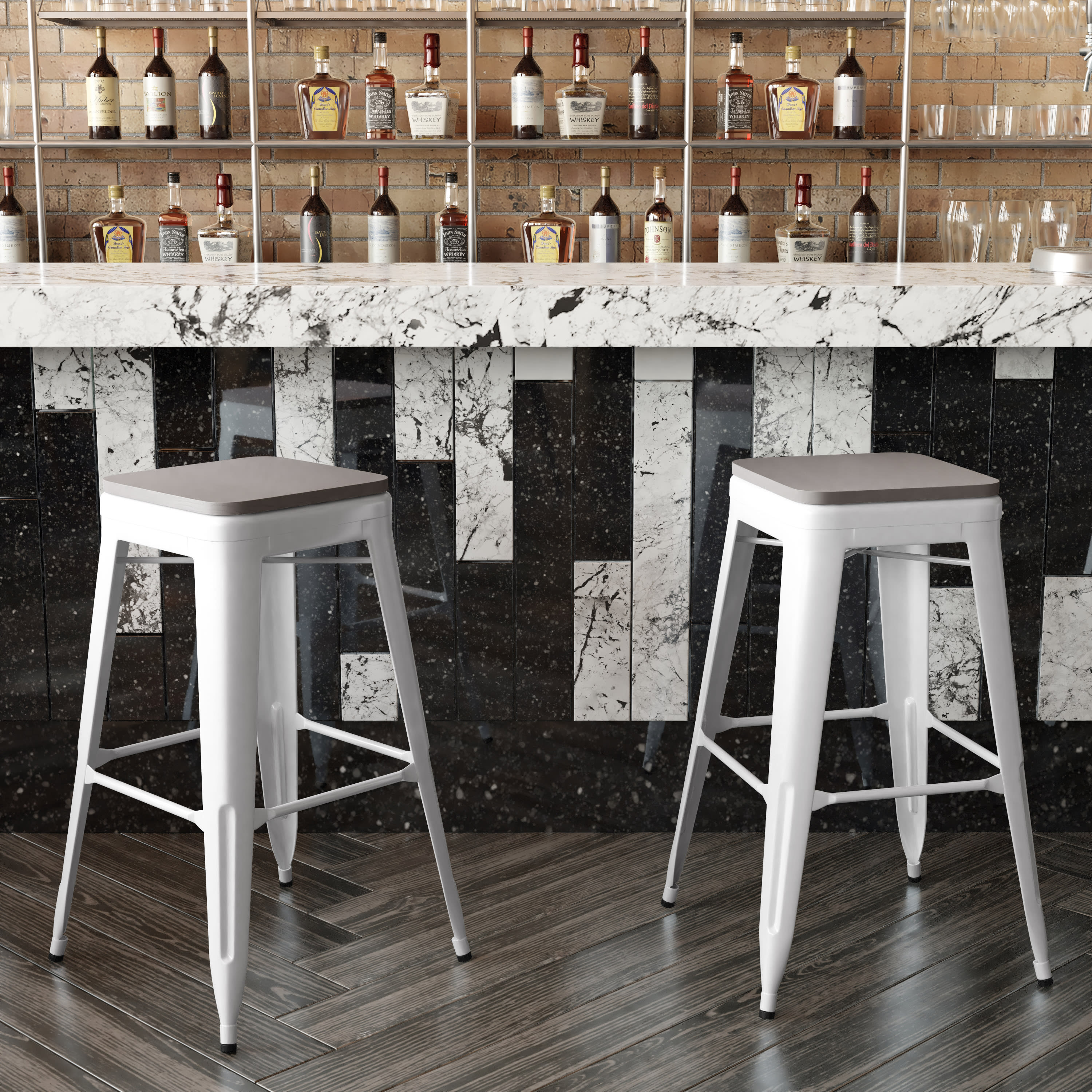 Flash Furniture Kai Commercial Grade 30" High Backless White Metal Indoor-Outdoor Barstool with Gray Poly Resin Wood Seat - Image 8
