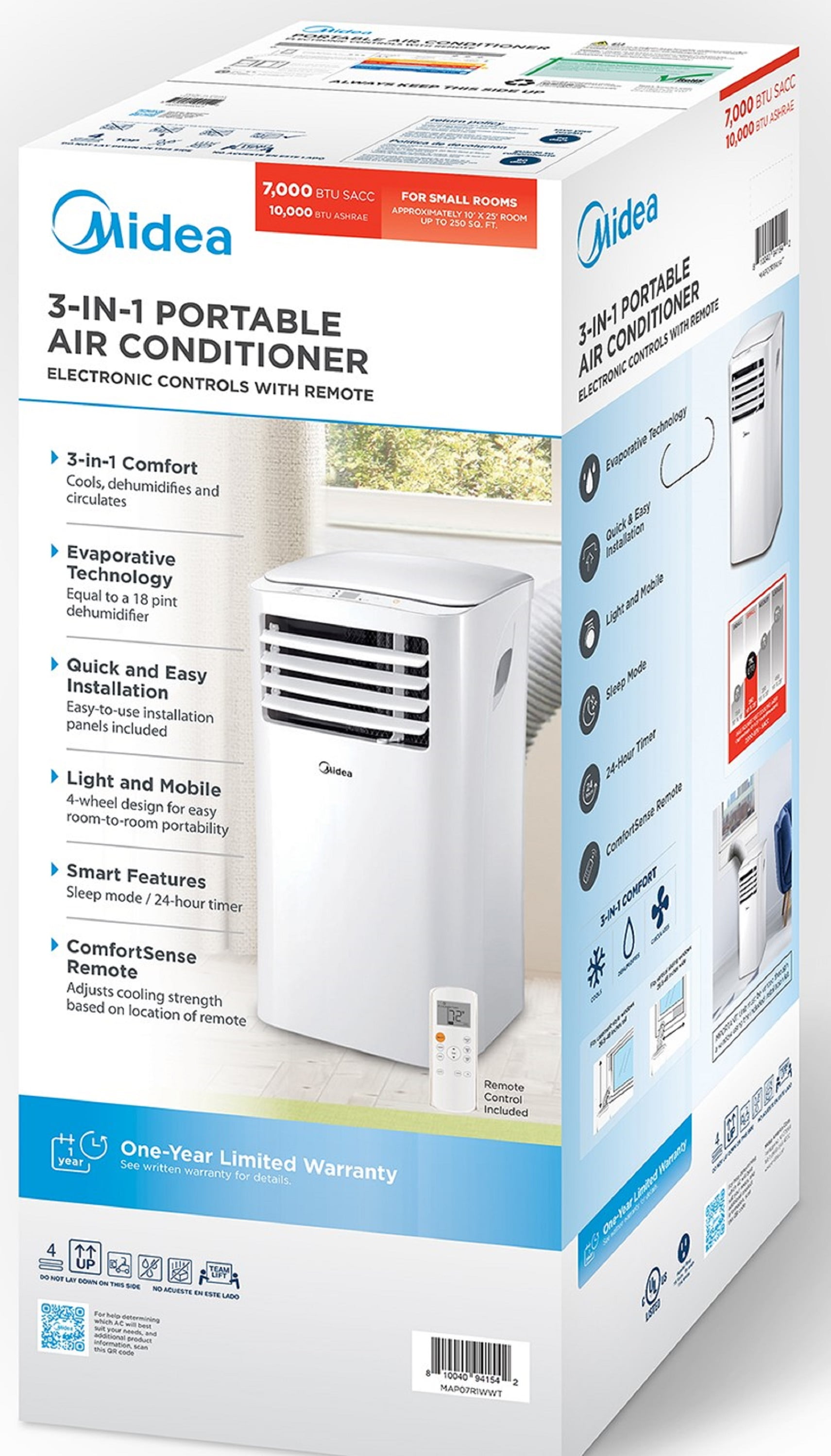 Midea 7,000 BTU (10,000 BTU ASHRAE) 115V Portable Air Conditioner with Comfort Sense Remote, up to 250 sq ft Coverage Area, White, MAP07R1WWT, New - Image 5