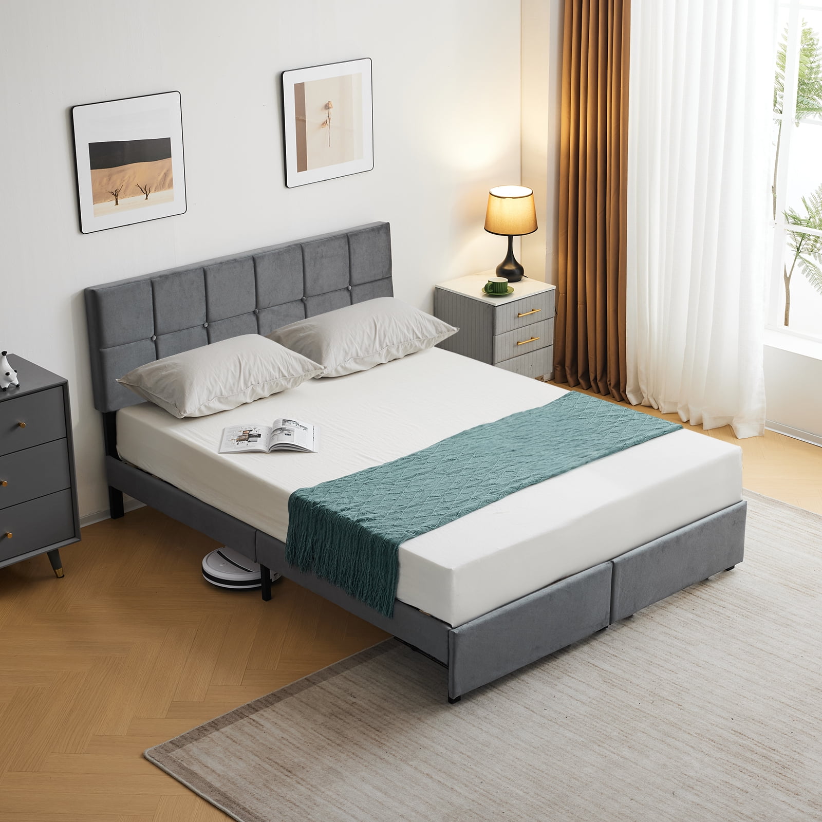 Zimtown Full Size Platform Bed Frame with 2 Drawers, Fabric Upholstered Headboard, No Box Spring Needed, Gray - Image 7