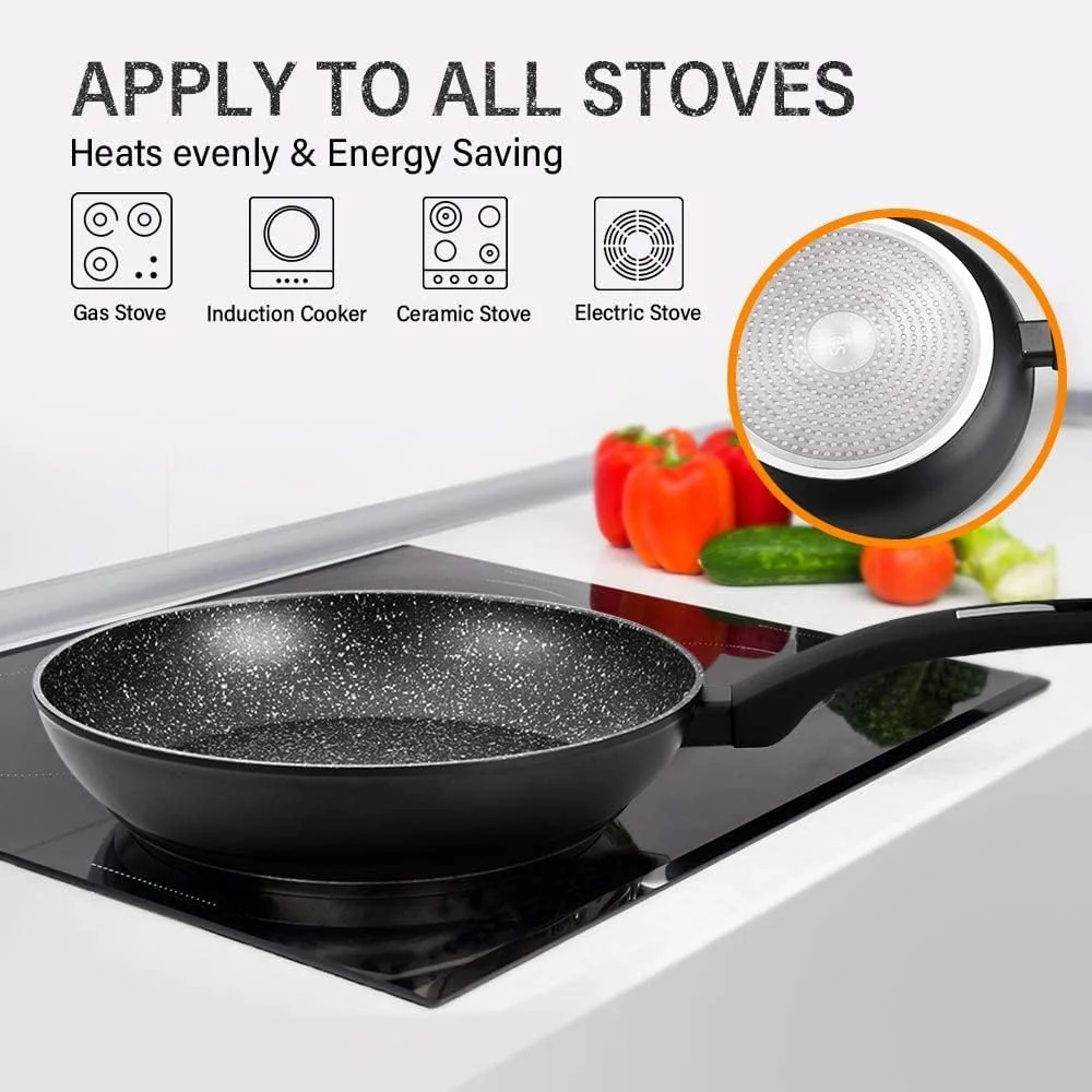 CS KOCHSYSTEME 8"+11" Nonstick Frying Cookware Sets with Lids - Frying Pan Sets with Granite Coating, Classic Skillet Chef's Pan Cookware, PFOA & APEO Free, Bakelite Handle, Induction Compatible - Image 5