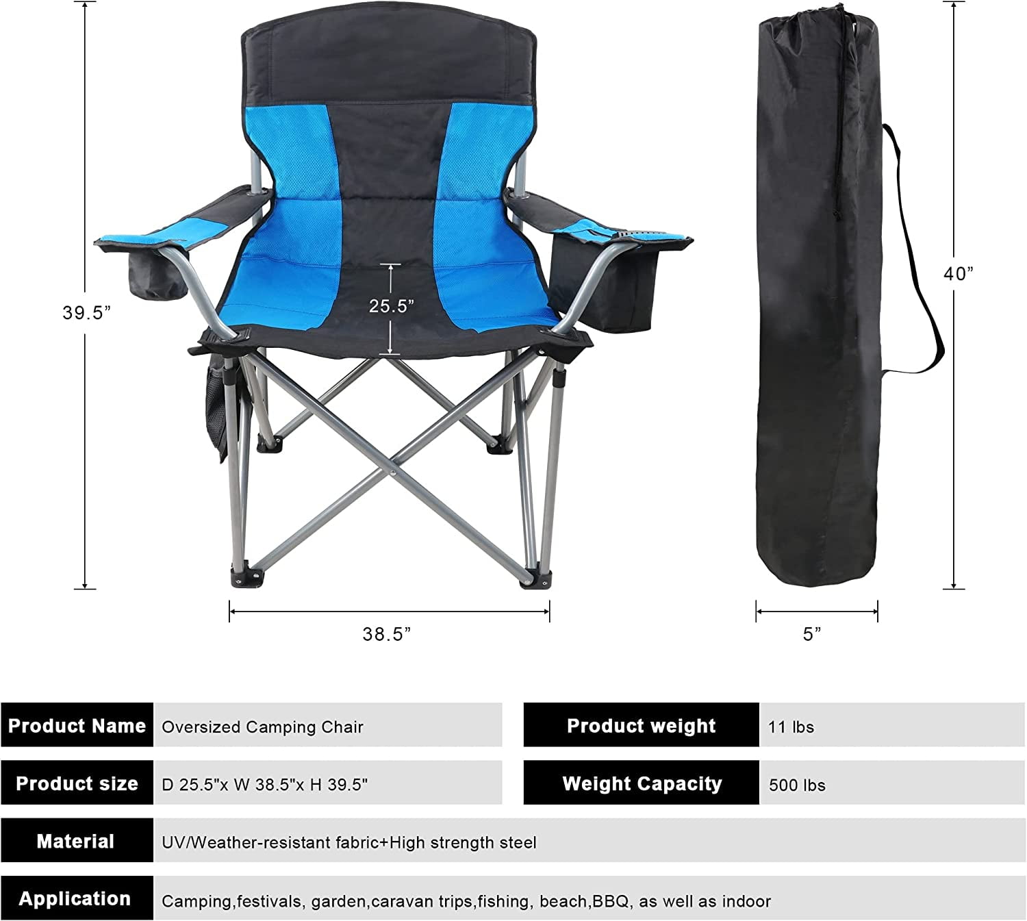 Extra Wide Beach Chair for Adults, Oversized Camping Chair 500lb with Armrest, Cooler Bag, Side Pocket, Cup Holder - Image 3