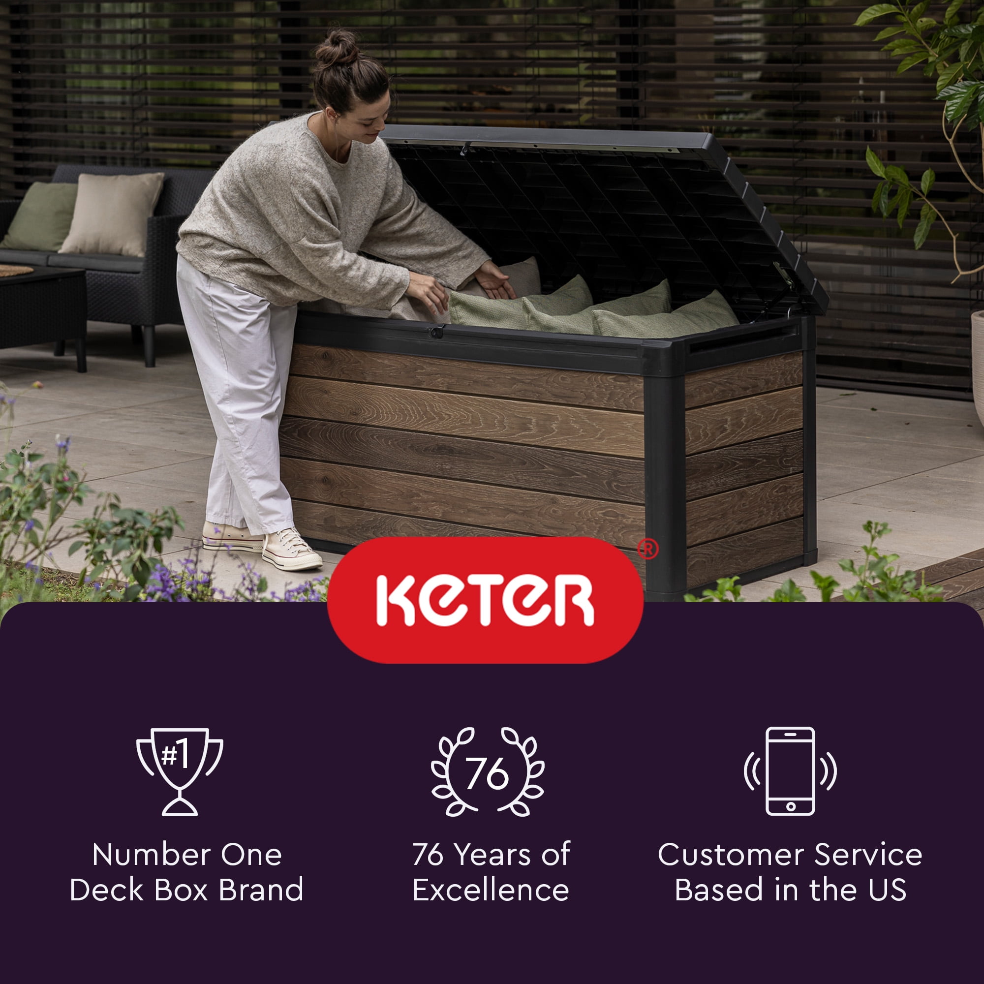 Keter Westwood 150 Gallon Durable Resin Outdoor Deck Box Storage Organization, Espresso Brown - Image 2