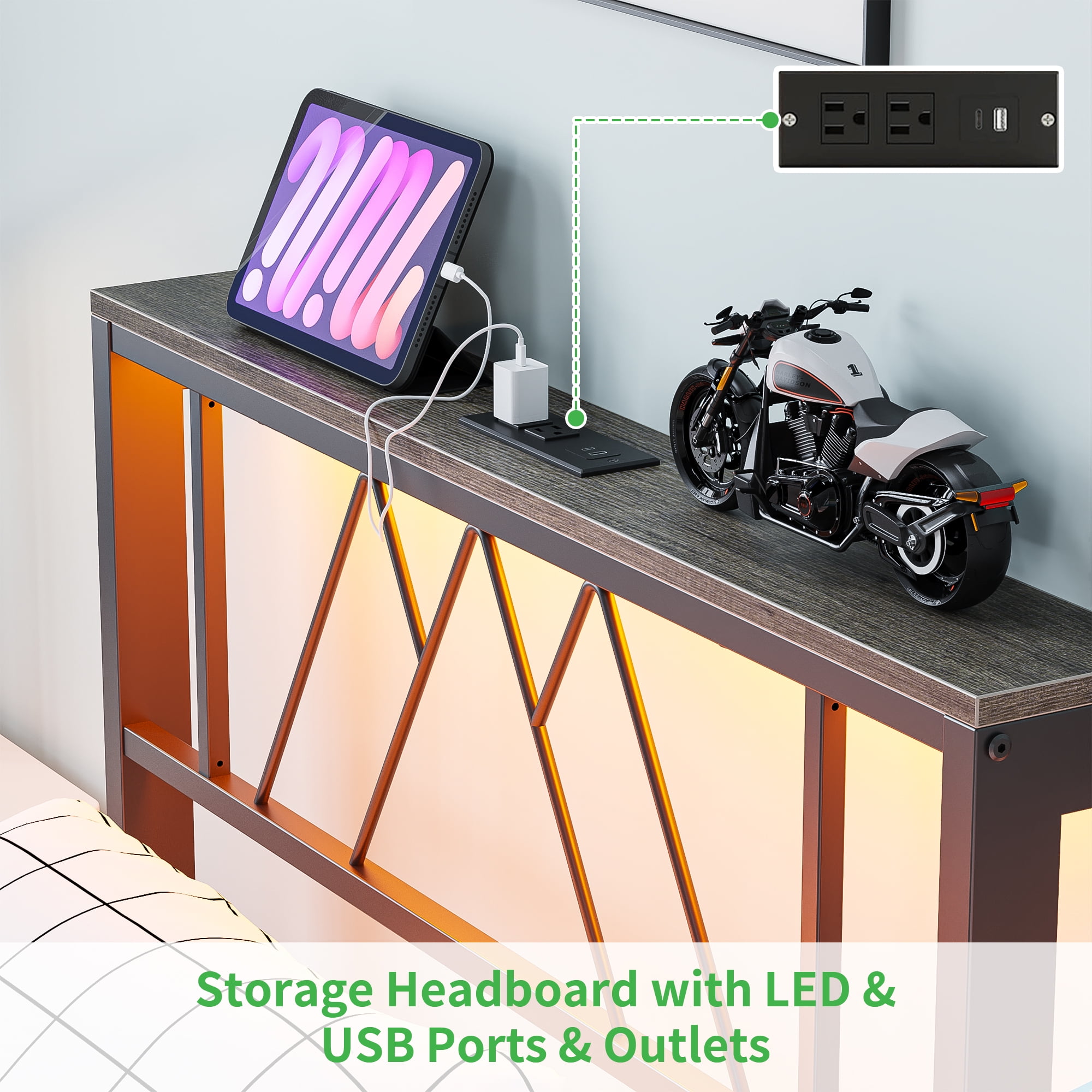 Yoneston Kids Twin Bed Fame with Charging Station LED Storage Headboard, Sturdy Metal Platform Bed Frame with Under-Bed Light for Boys Girls, Black - Image 4