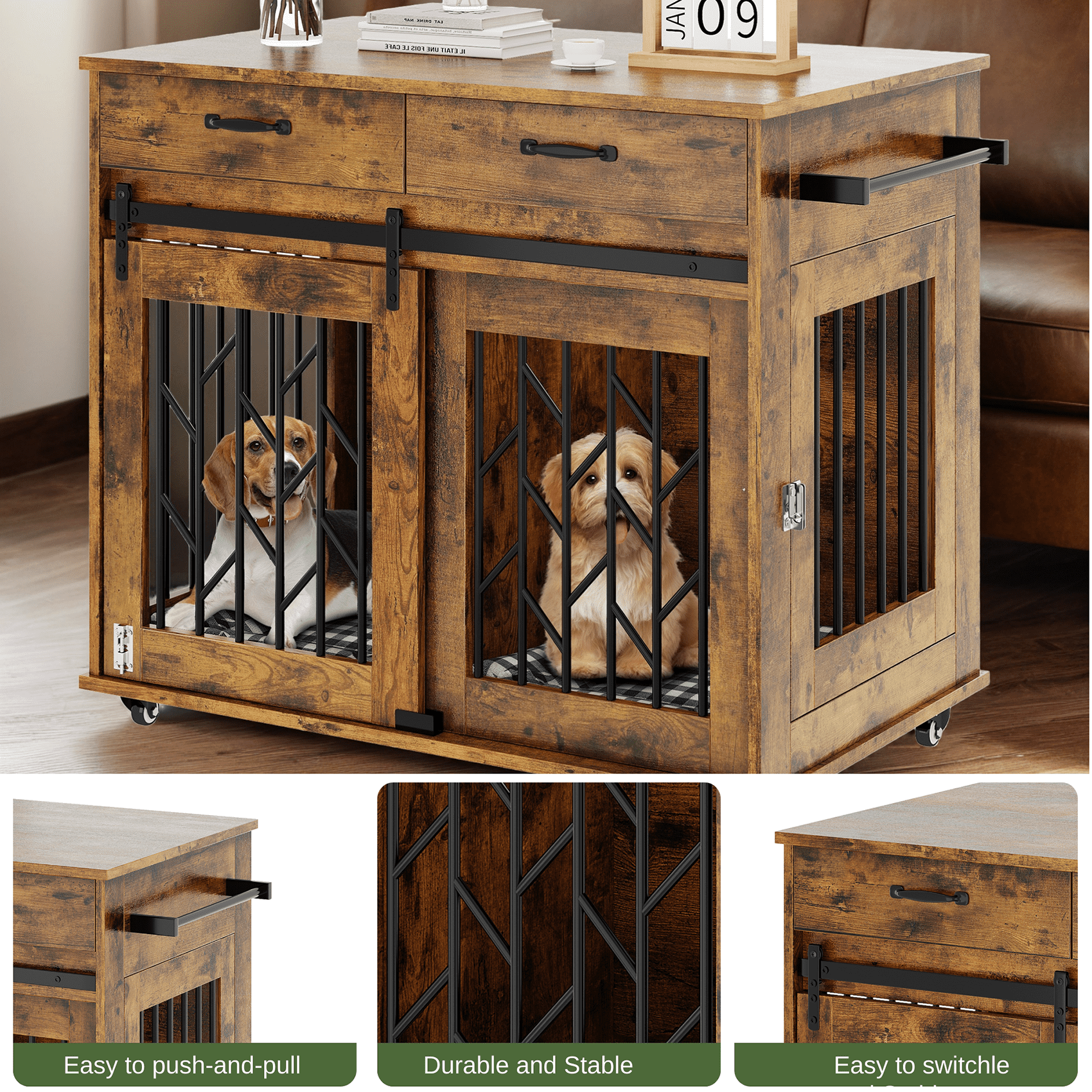 Uforic 39 in Dog Crate Furniture,Dual-Door Dog Kennel Indoor with Drawer & Wheels,Wooden Dog Crate House for S/M/L Size Dogs, End Table,39.3"L x 25.1"W x 31.8"H,Rustic Brown - Image 3