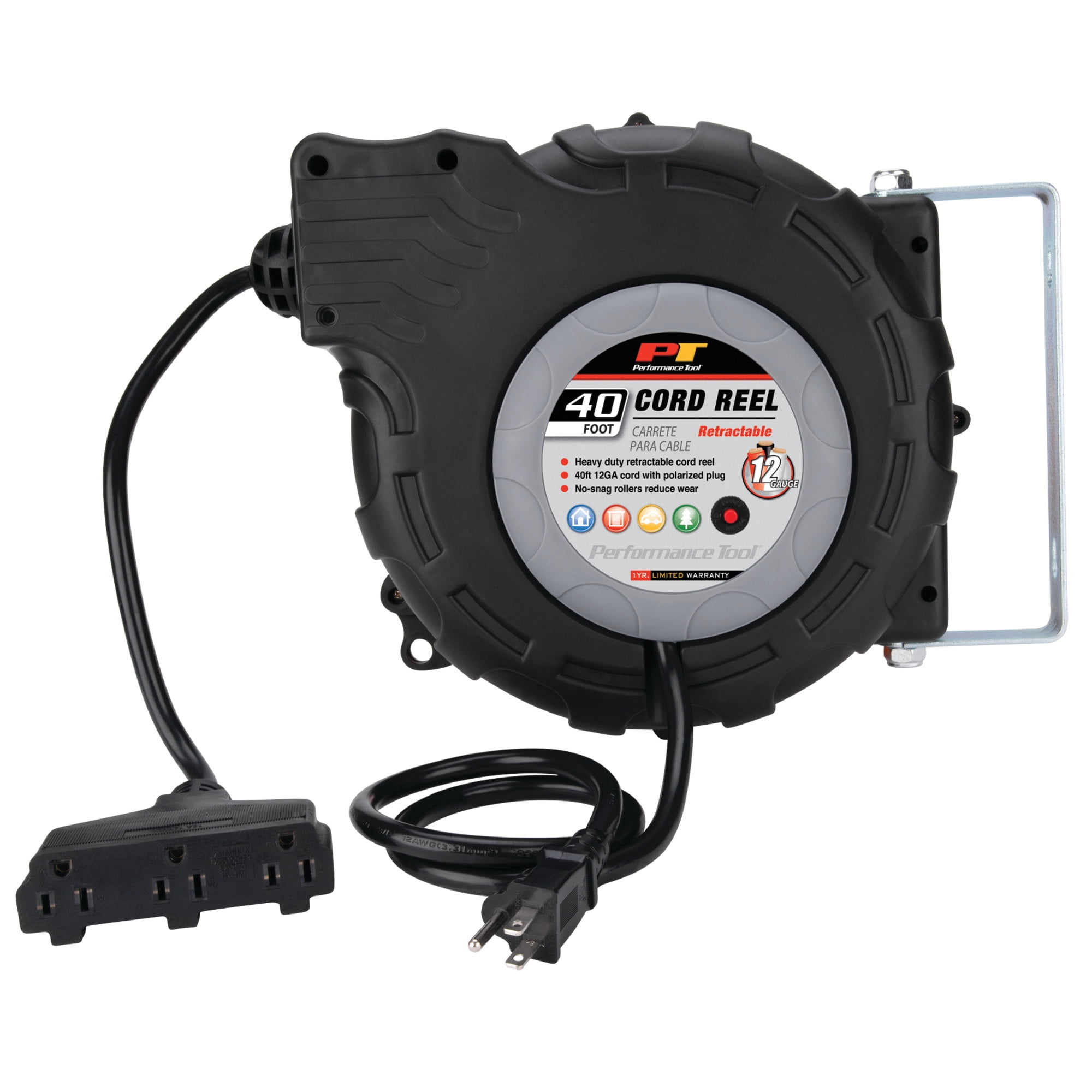 Performance Tool W2278 40ft 12-Gauge Retractable Power Cord Reel with Spring Loaded Auto-Rewind - Image 4