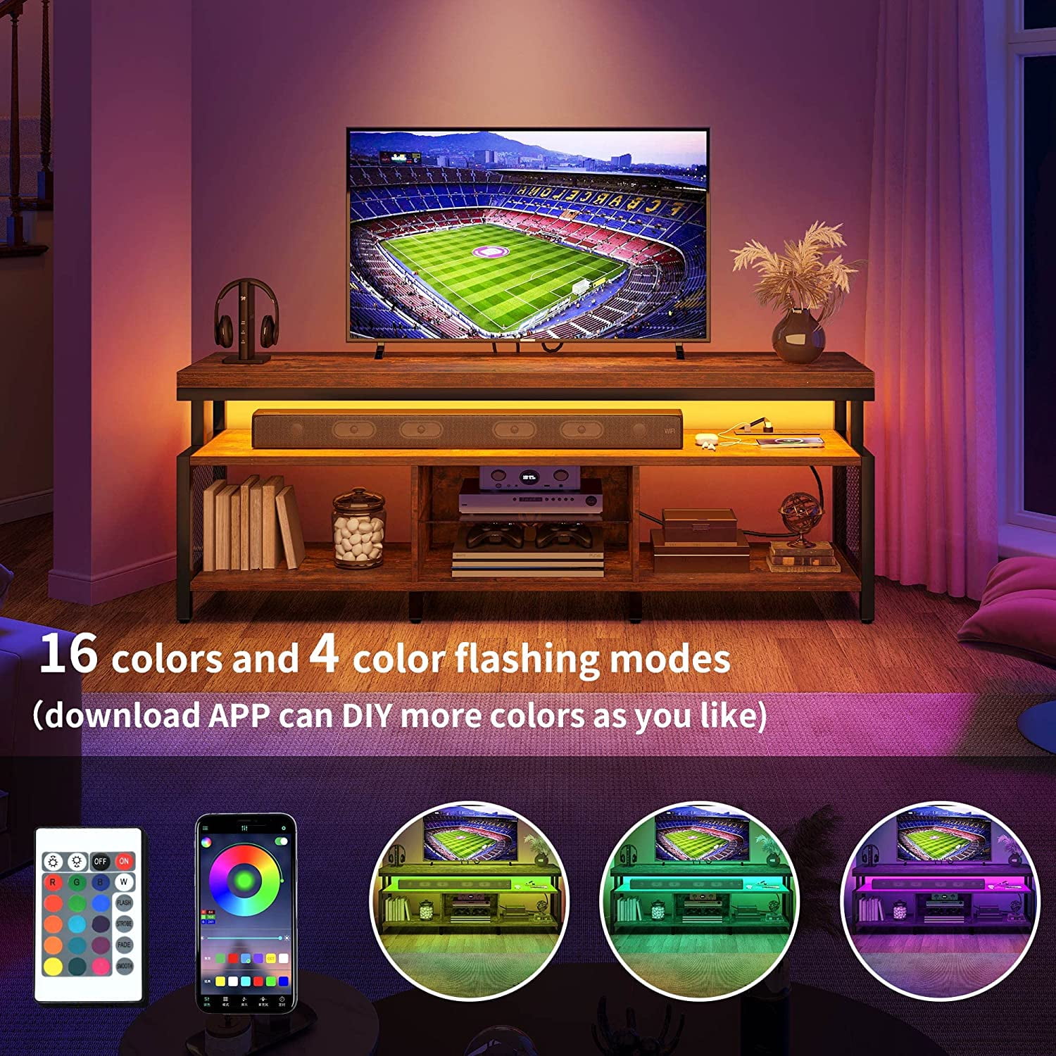 Dexturs LED TV Stands w/Power Outlets, Industrial TV Stand for 55/60/65/70 inch, Retro Brown - Image 4