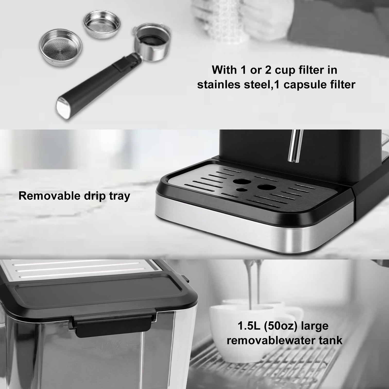 Fyydes Espresso Machine 20 Bar, 1.5L Water Tank with Milk Frother Steam, Stainless Steel Coffee Maker for Espresso, Latte, Mocha, Americano, 1050W, Silver - Image 3