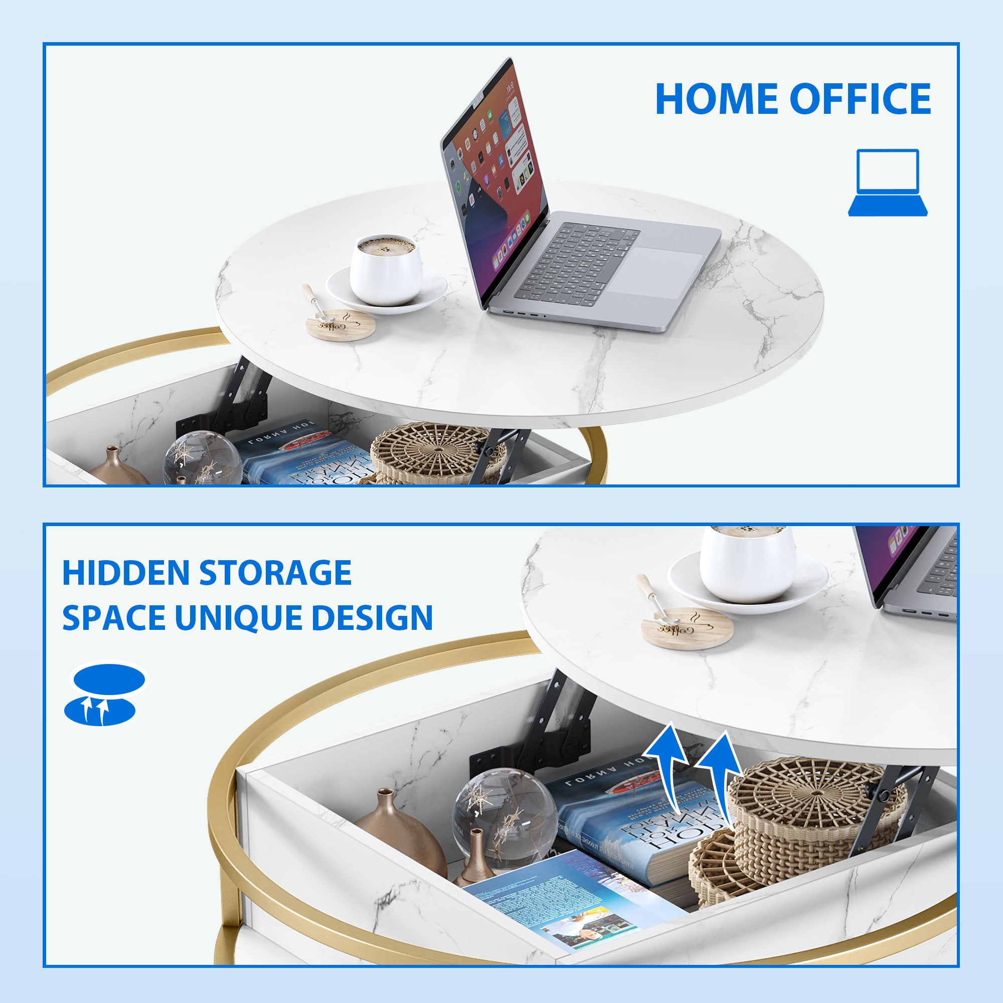 DEXTRUS Modern Lift-Top Round Coffee Table with Storage, Marble White, for Living Room & Office - Image 5
