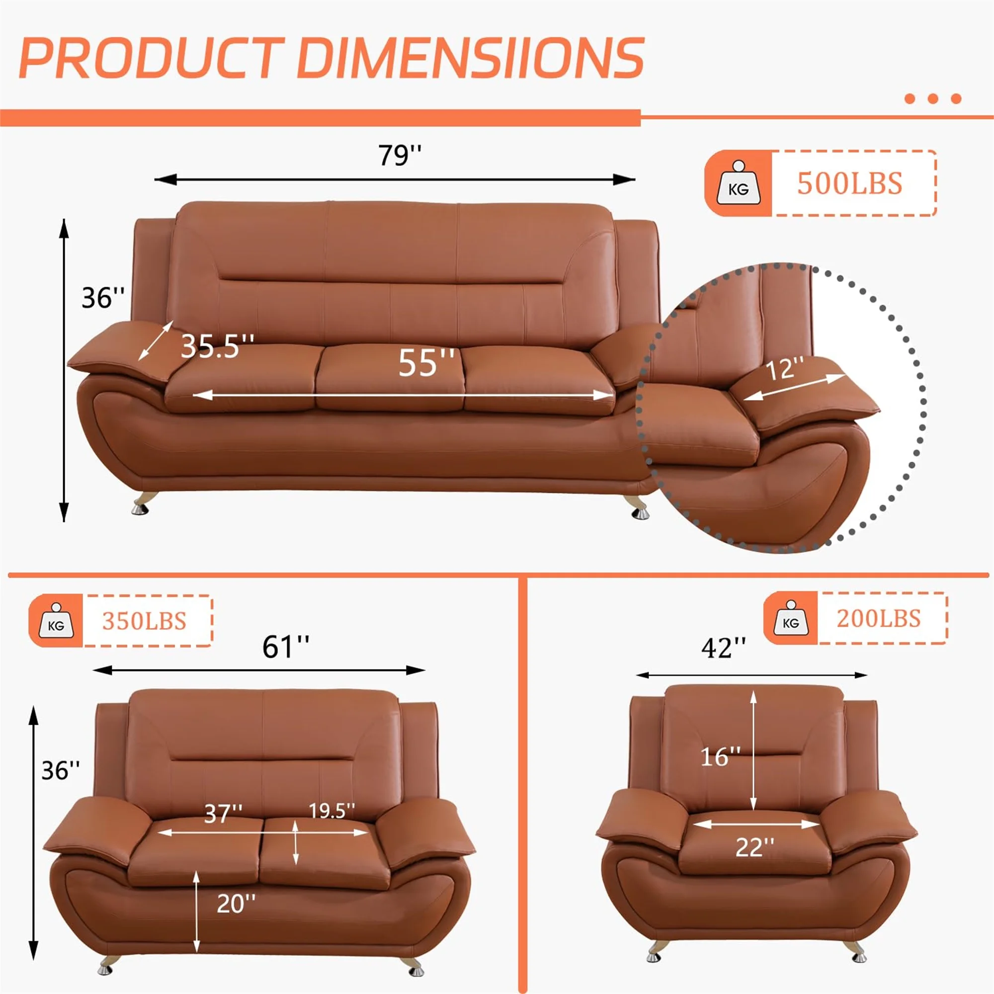 Aukfa 3 Piece Sofa Set - 79" Upholstered 3 Seat Sofa Couch for Living Room Bedroom, Leather, Orange - Image 4