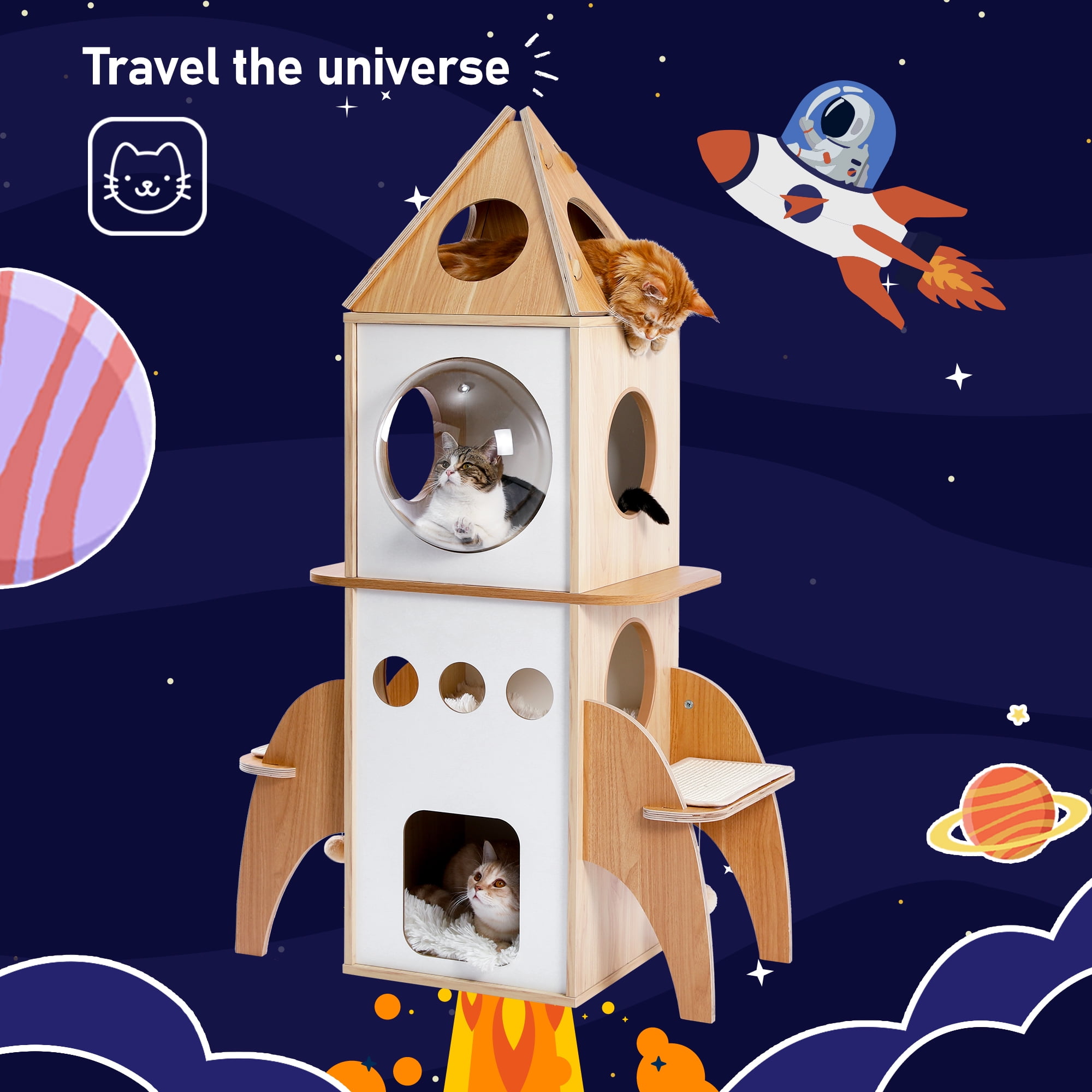 PAWZ Road Modern Cat Tree 54" Rocket Cat Tower Spaceship 3 Condo Cat Furniture for Indoor Cats, Beige - Image 6