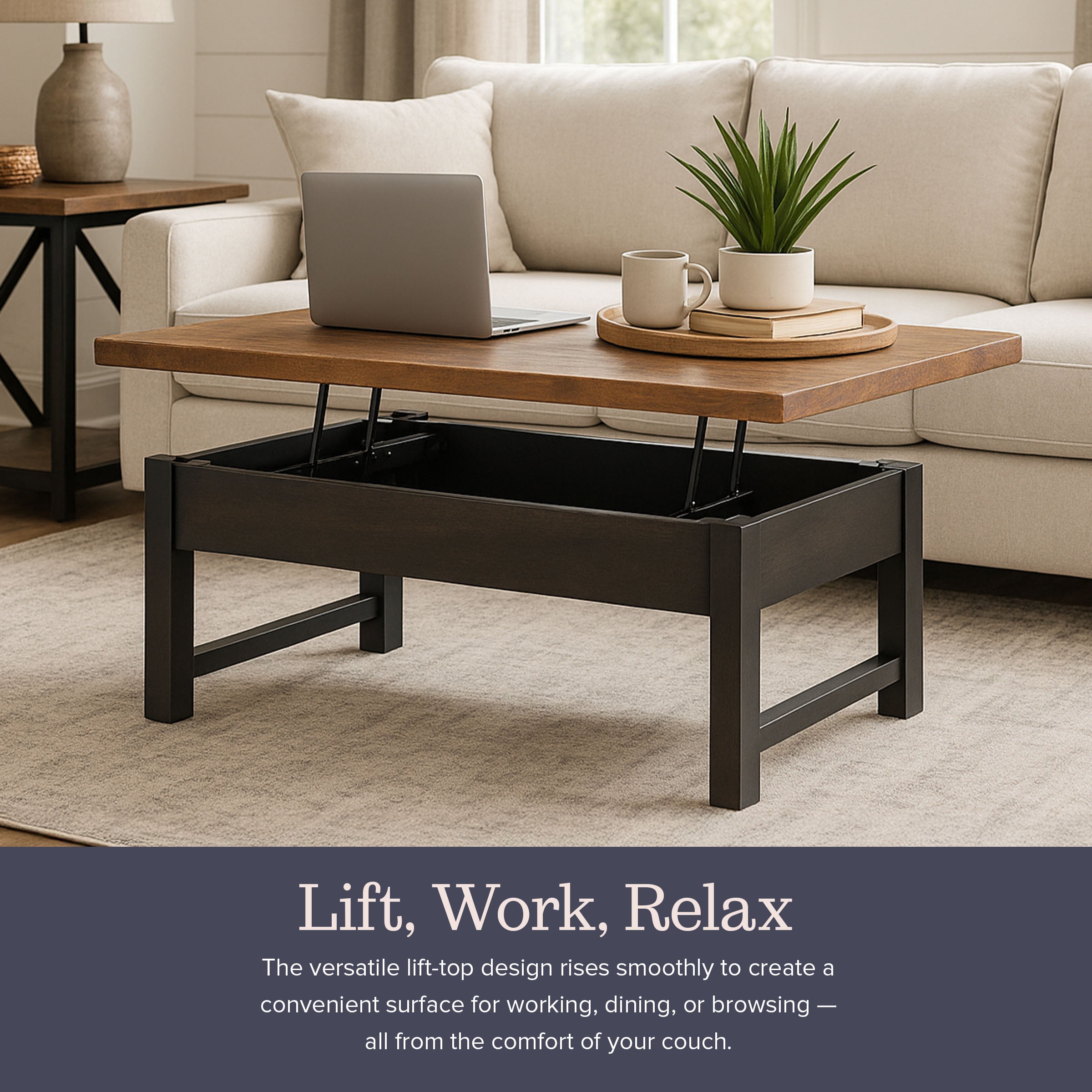 Alaterre Furniture Pomona 42” Lift Top Coffee Table with Storage - Metal and Wood Living Room Table - Image 6