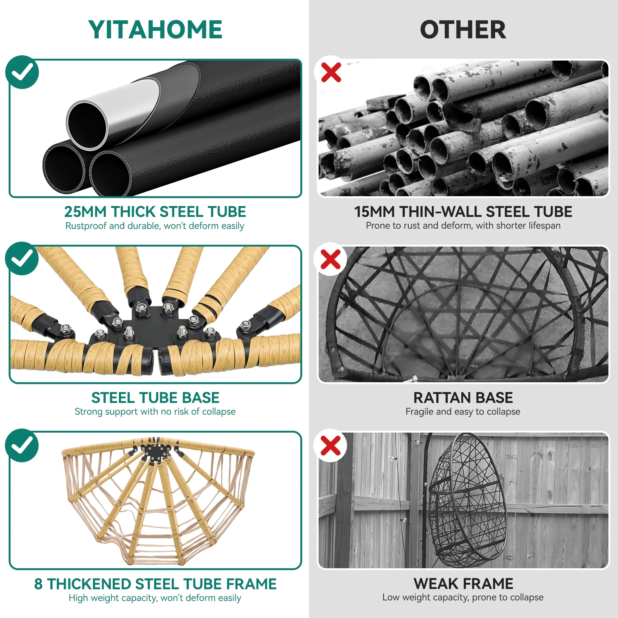 Dextrus Outdoor Wicker Egg Hammock Chairs Indoor with Steel Stand for Patio, Bedroom, Garden and Balcony, Beige - Image 6