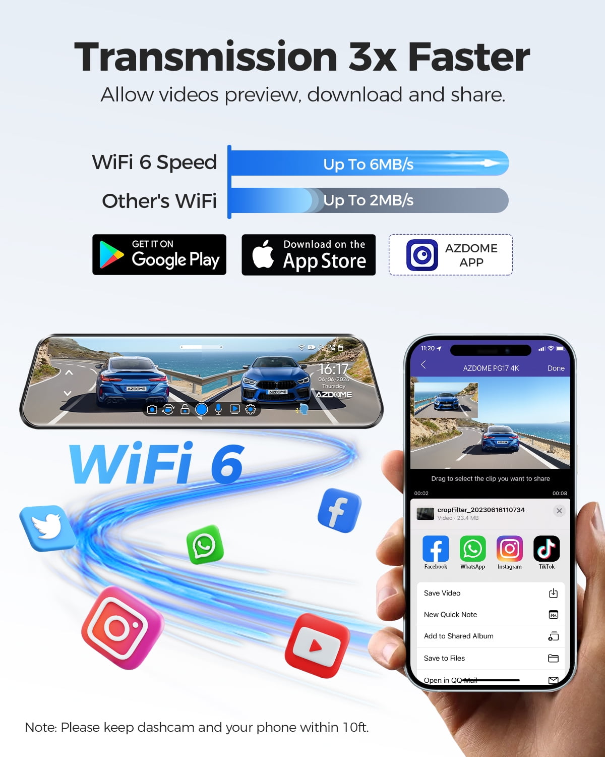 AZDOME Rear View Mirror Dash Cam, Dual Camera 4K Front and 1080P Rear Camera, 12'' Mirror Dash Cam with Night Vision, Built-in Wi-Fi GPS, Free 64GB Card, Parking Monitor - Image 4