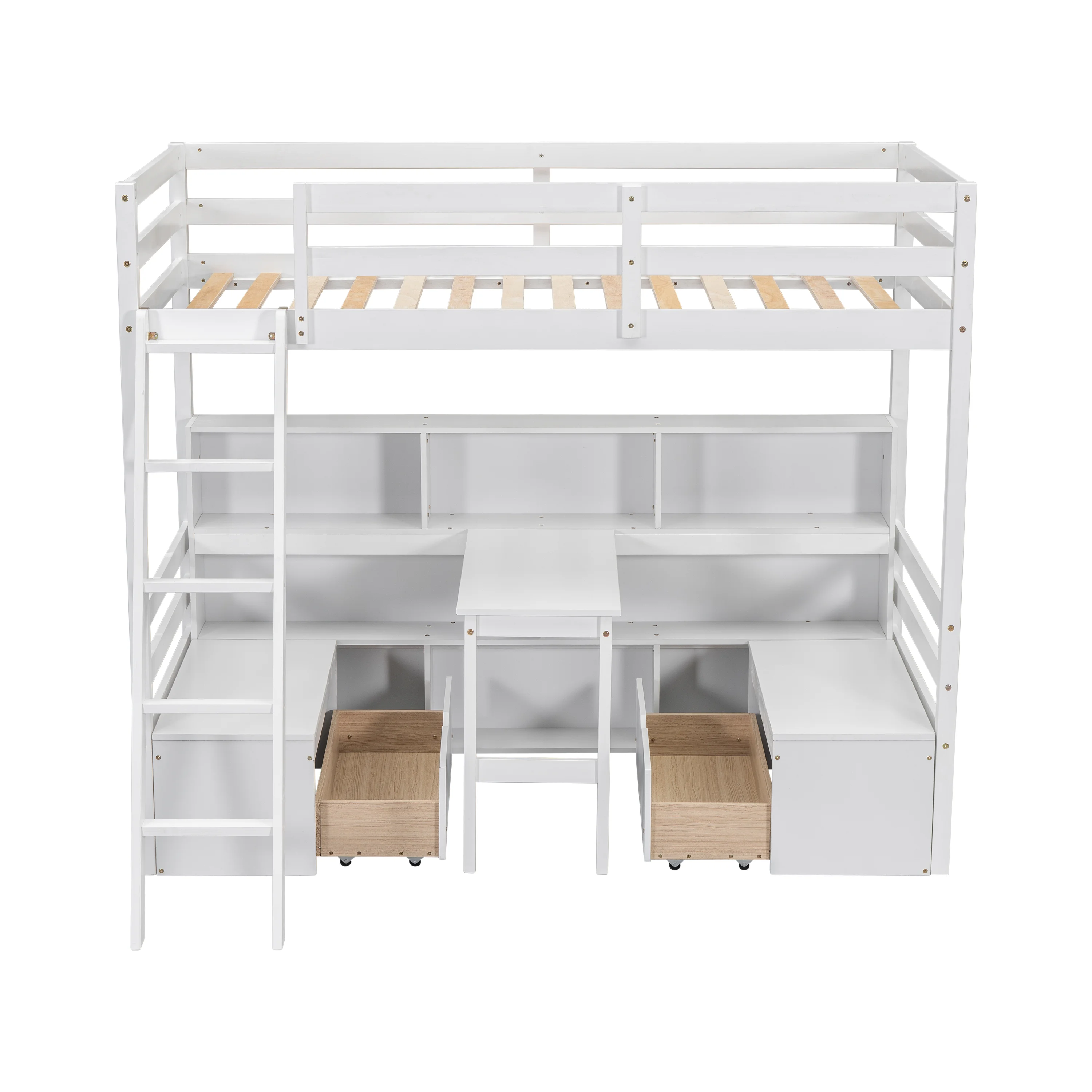 Euroco Modern Wood Twin Size Loft Bed with Desk and Drawers, Storage Shelf and Bench for Kids Teens, White - Image 5
