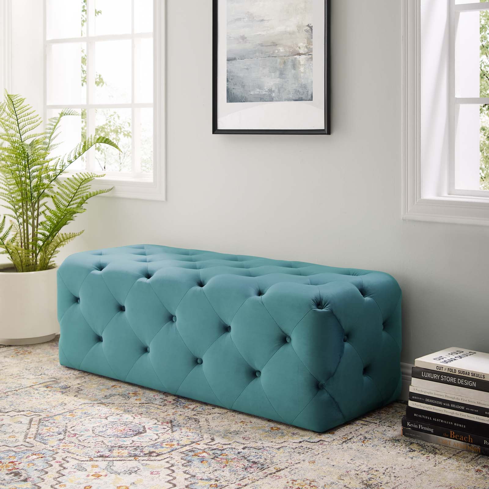Modway Amour 48" Tufted Button Entryway Performance Velvet Bench in Sea Blue - Image 9
