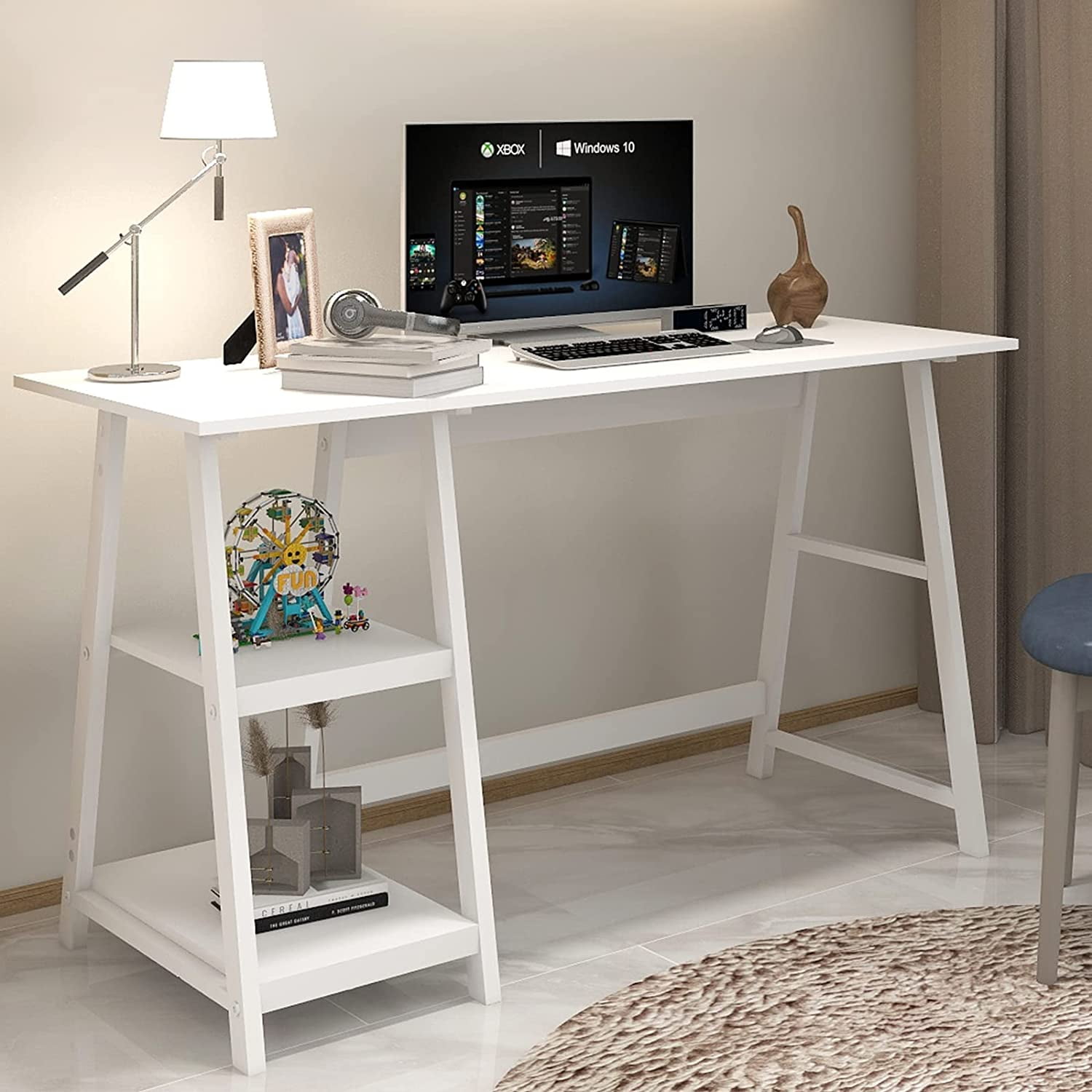 Natwind 43" White Desk Home Office Computer Working Student Study Table with 2-Tier Storage Bookshelves Modern Simple Study Laptop Writing Elegant Style Desk Workstation for Office Home White - Image 7