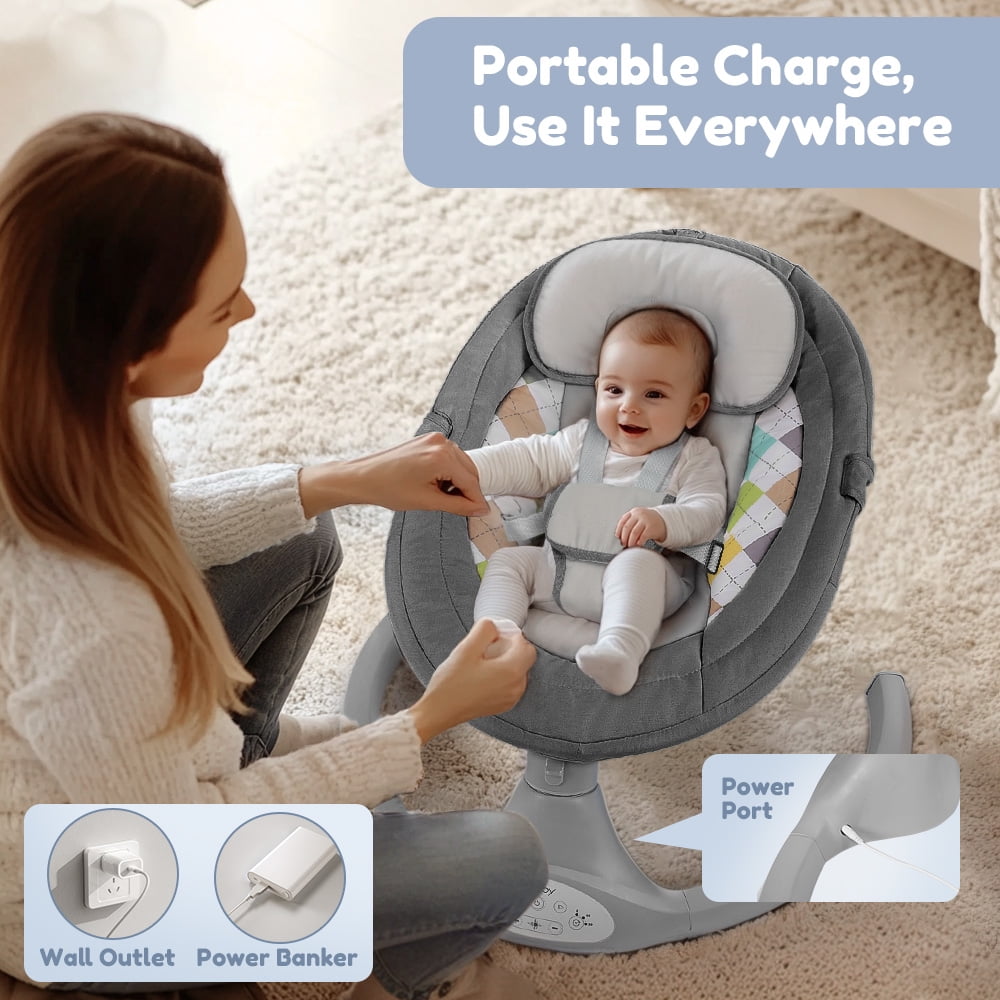 Electric Baby Swing, Caveen Infant Swing Rocker with Remote Control, 5 Sway Speeds, Bluetooth Music, Grey - Image 6