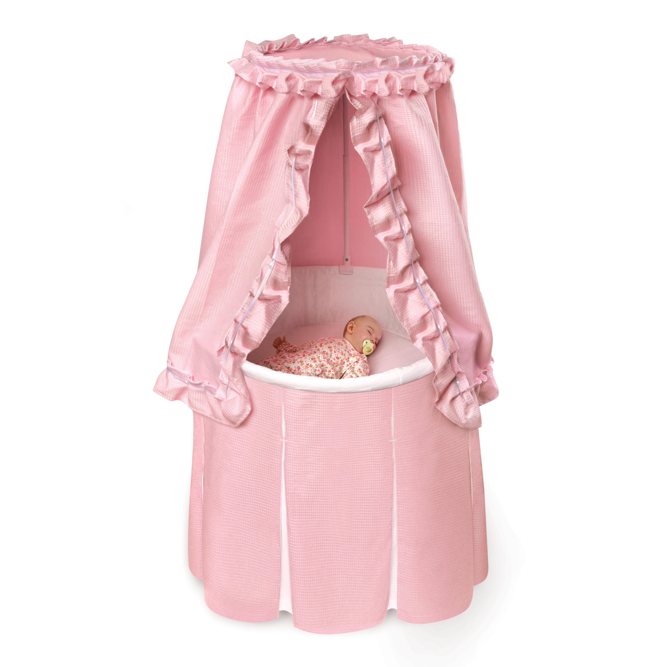 Badger Basket Empress Round Baby Bassinet with Canopy - Pink Bedding with White Pleats - Image 2