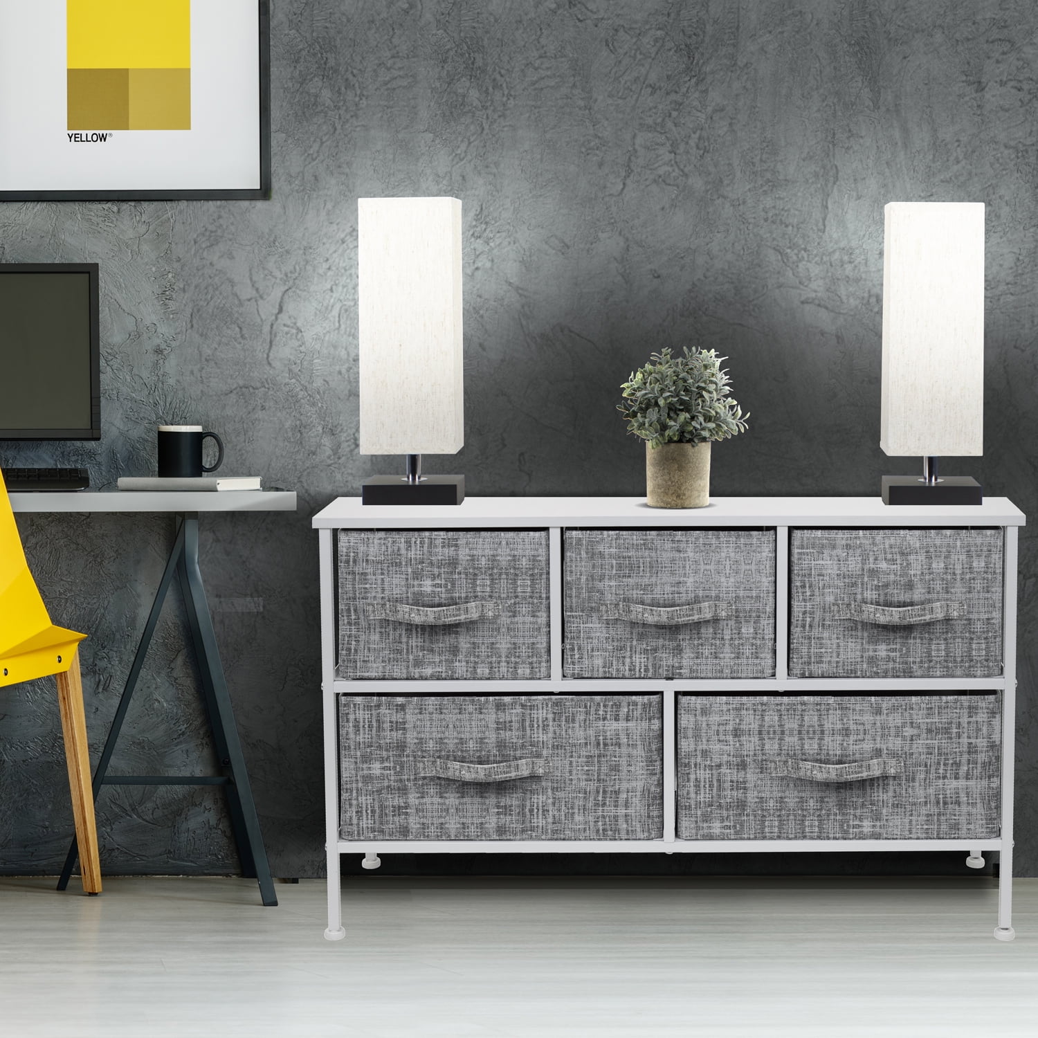 Sorbus Dresser with 5 Drawers - Furniture Storage Chest Tower Unit for Bedroom, Hallway, Closet, Office Organization - Steel Frame, Wood Top, Easy Pull Fabric Bins (Gray/White) - Image 2