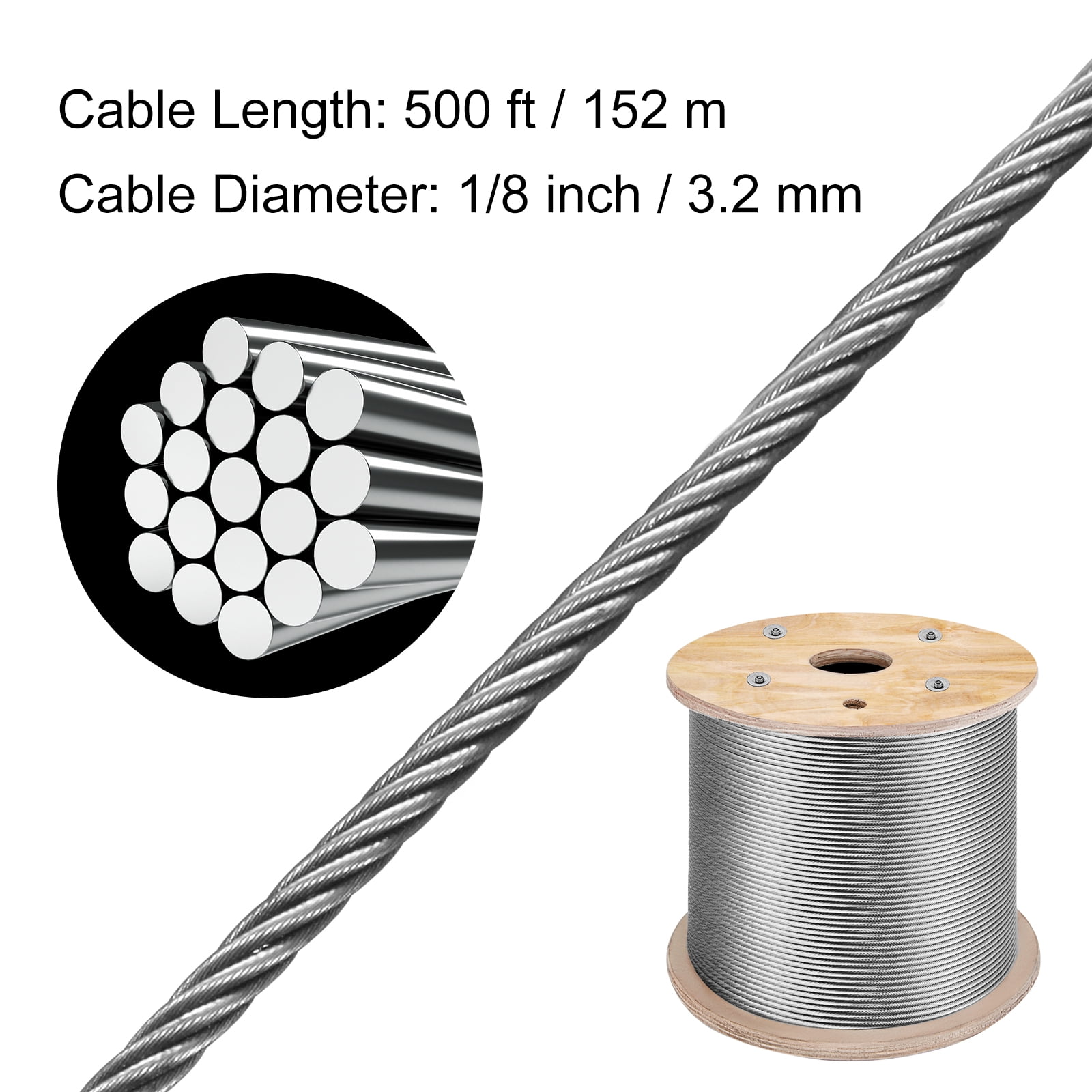 VEVOR 1/8" x 500ft Stainless Steel Cable Railing , 1x19 Wire Rope 316 Marine Grade, Braided Aircraft Cable for Deck, Rail, Balusters, Stair, Handrail, Porch, Fence - Image 3